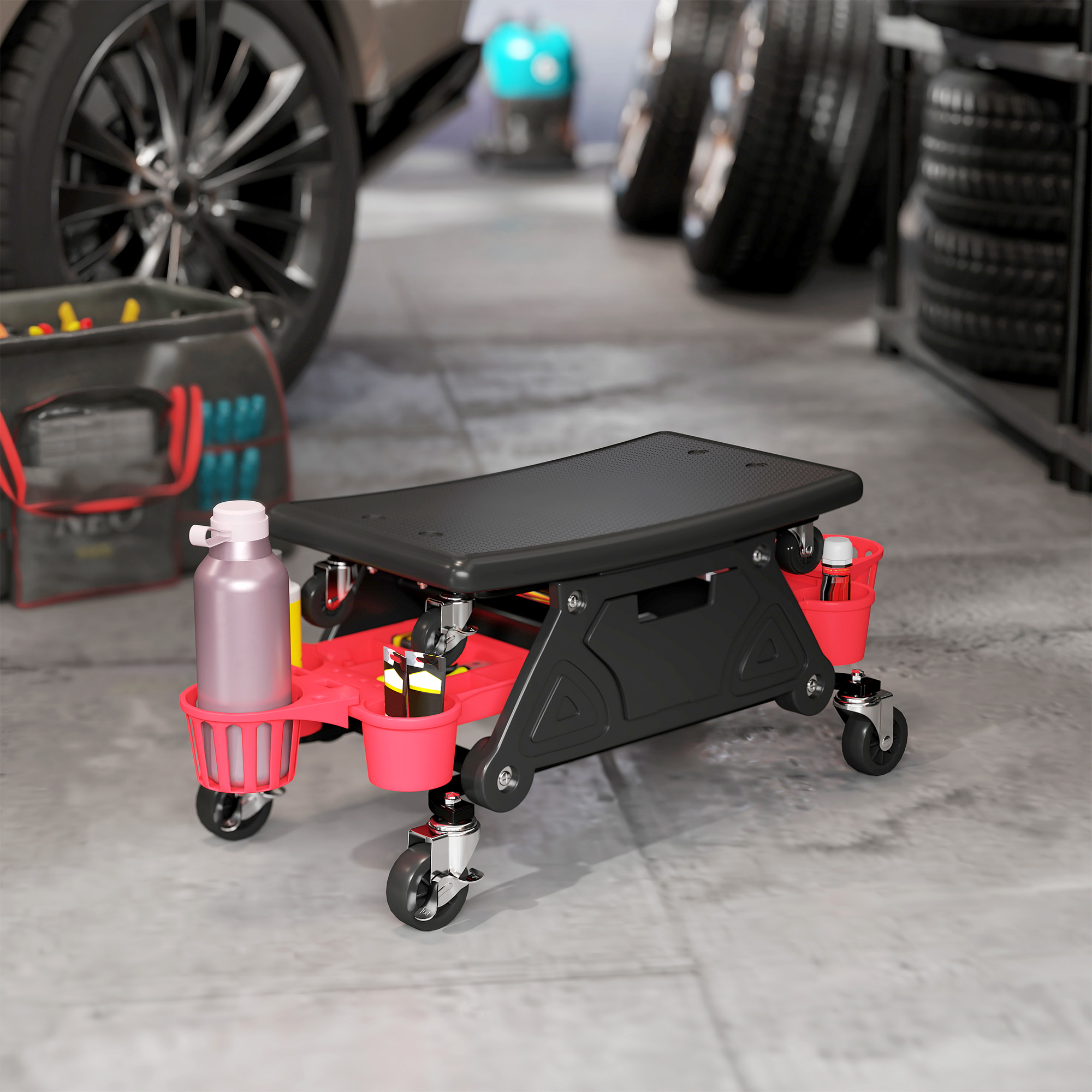 HOMCOM Rolling Garage Stool with Wheels, 300 LBS Capacity Padded Mechanic Stool with Tool Trays Storage, Black Aosom Canada