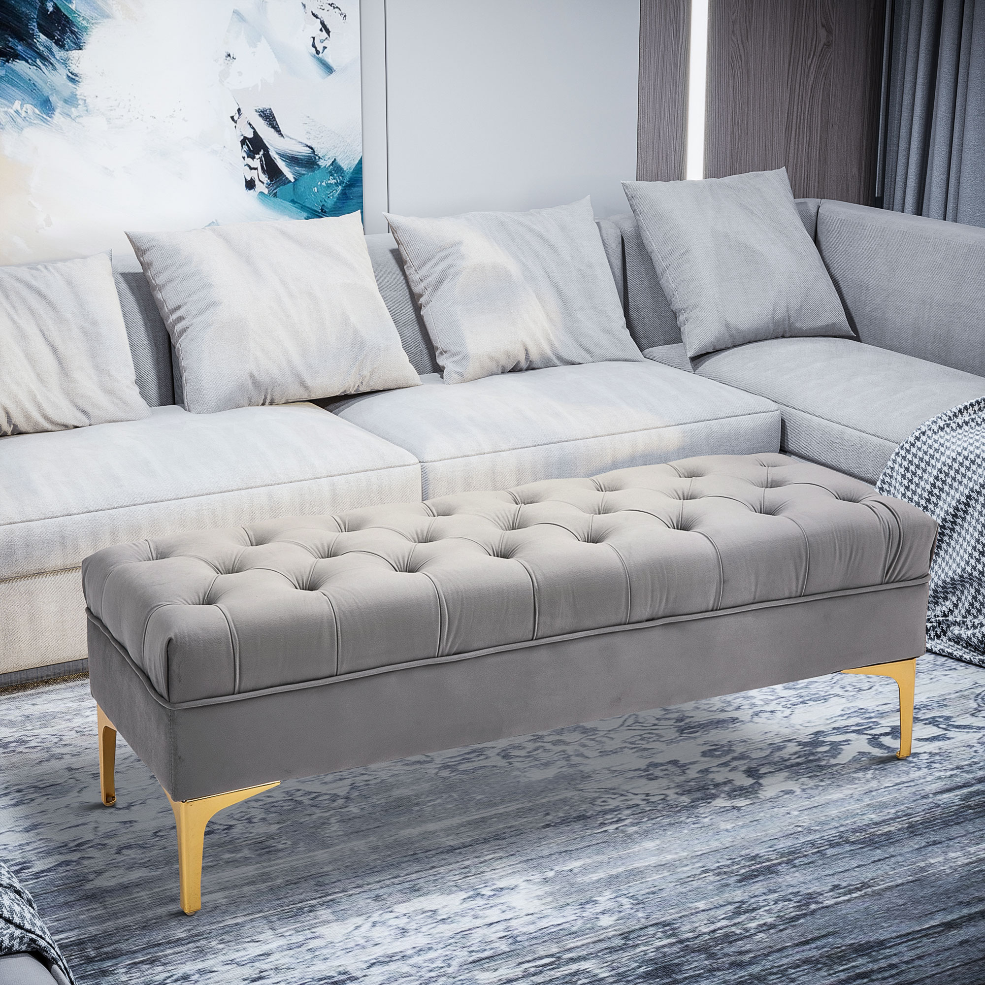 HOMCOM Button-Tufted Elegance: Modern Ottoman Bench with Entryway Shoe Storage for Living Room, Bedroom, Hallway, Grey Aosom Canada