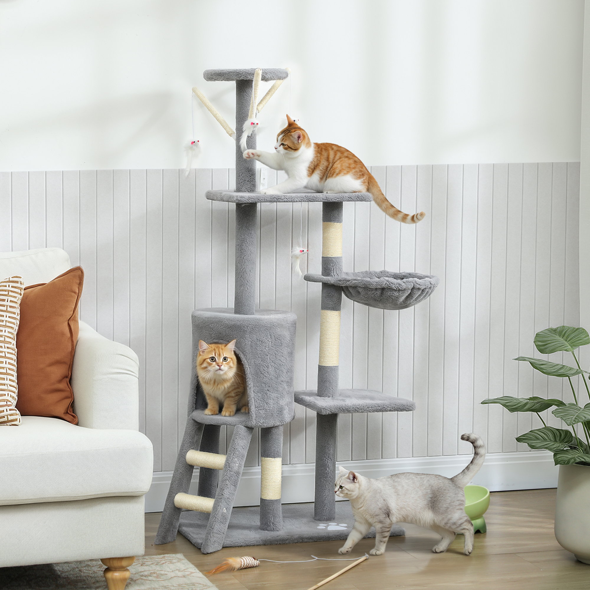 PawHut 53" Cat Tower, Floor to Ceiling Cat Tree with Scratching Posts, Condo, Perches, Ladder, Hammock, Dangling Toys, Grey Aosom Canada