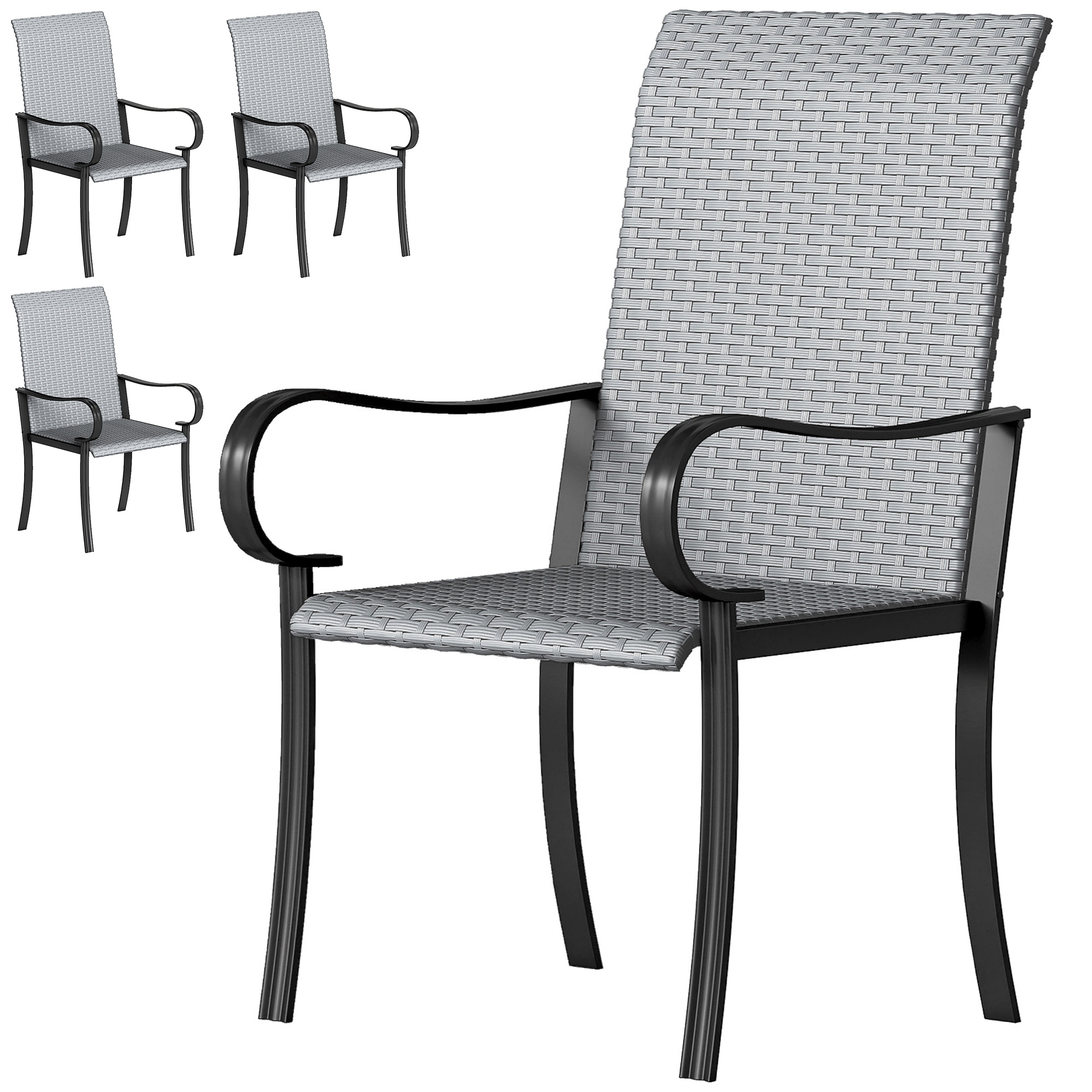 Outsunny Set of 4 Outdoor Wicker Dining Chairs with Armrest, Steel Frame, High Back and Deep Seating