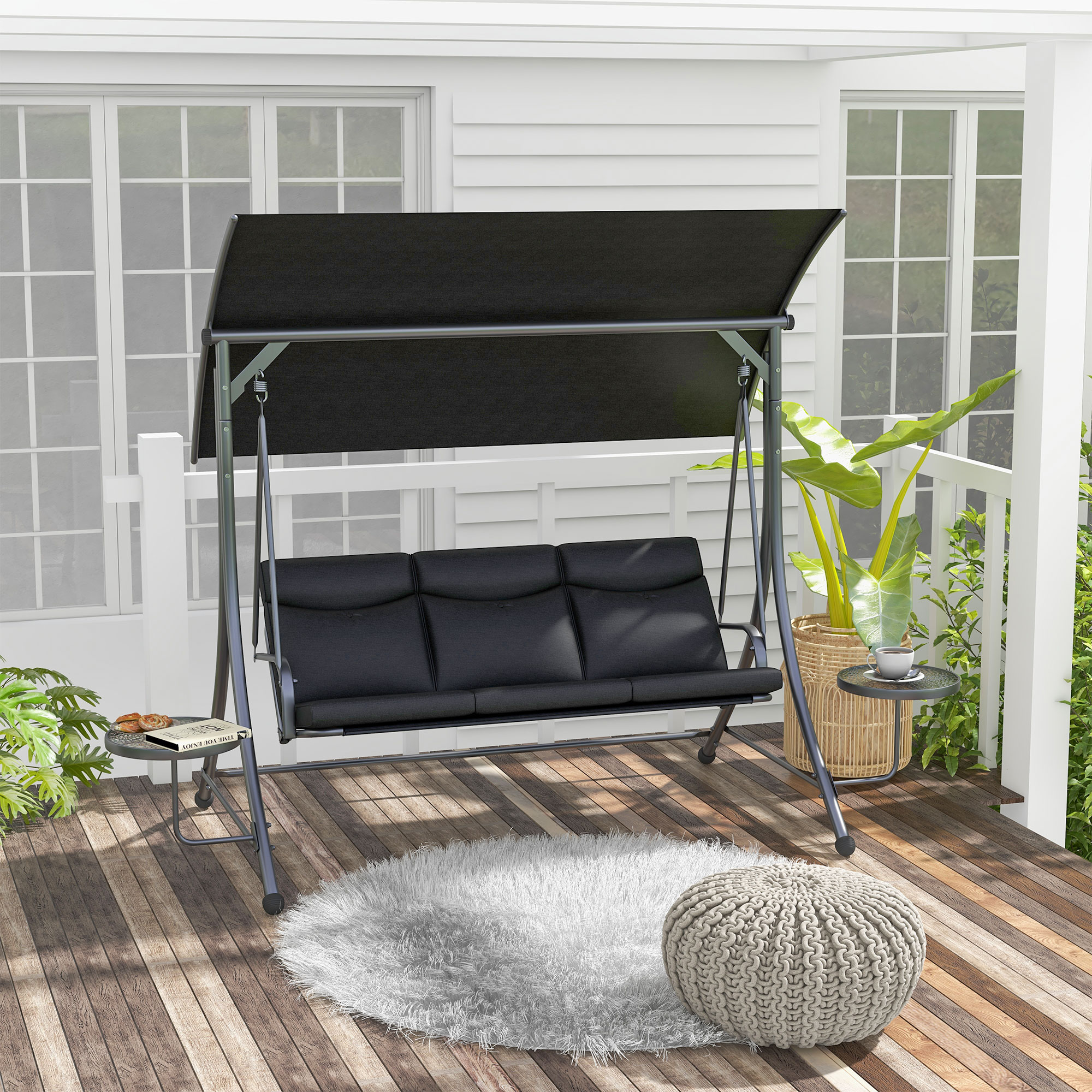 Outsunny 3 Seat Porch Swing with Adjustable Canopy Outdoor Swing Bench with Side Coffee Tables, Thick Cushions, Black Aosom Canada
