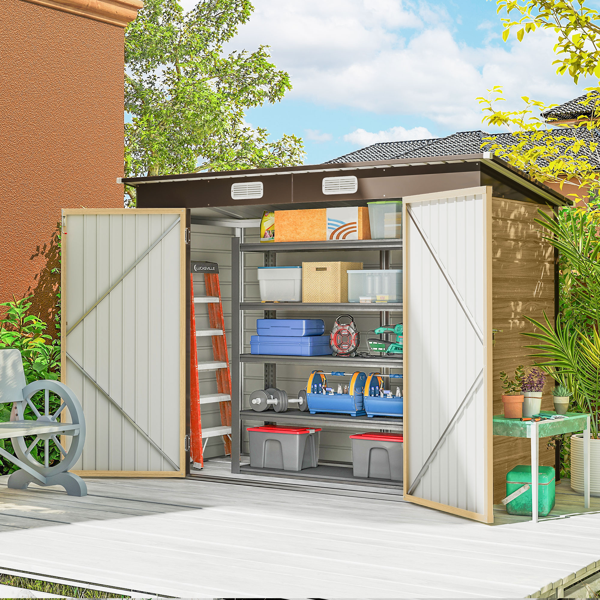 Outsunny 8 x 4FT Galvanized Garden Storage Shed, Metal Outdoor Shed with Double Doors and 2 Vents, Oak Aosom Canada