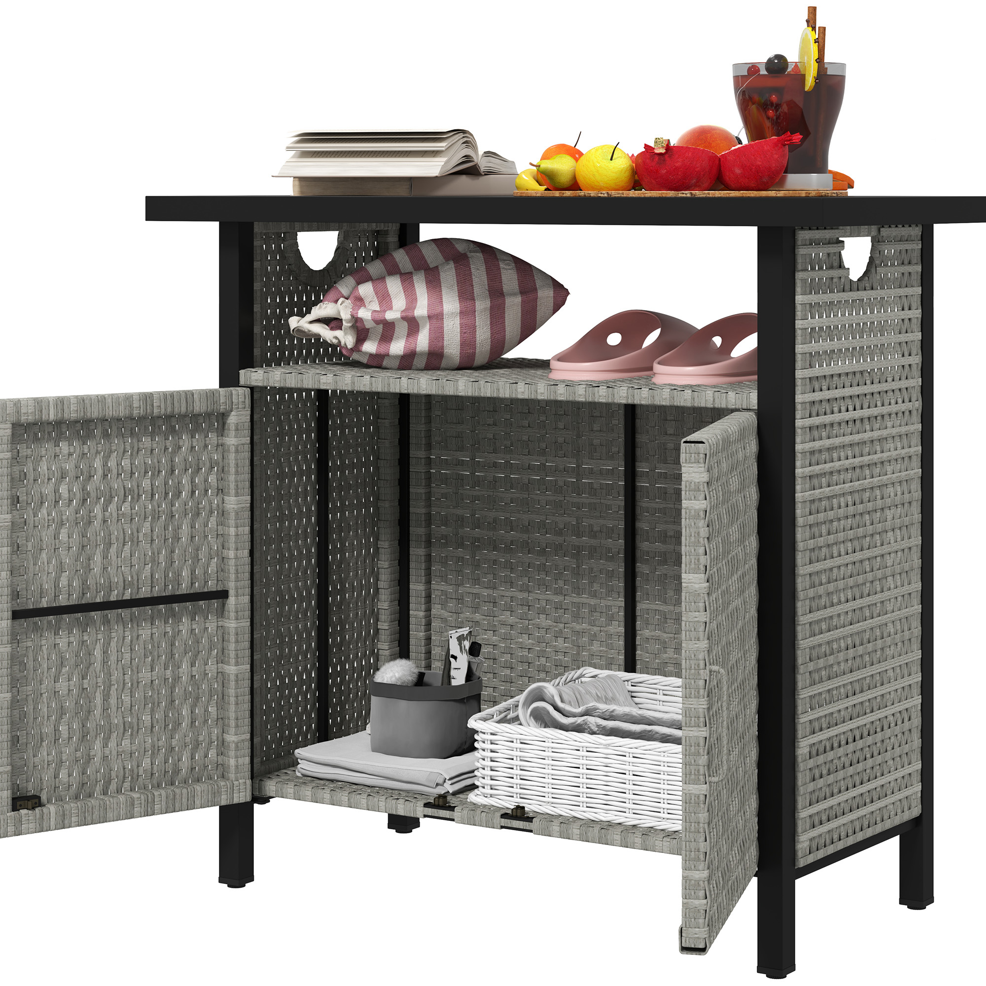 Outsunny Outdoor Pool Towel Storage Cabinet Organizer, Outdoor Bar Table with Shelf and Cabinet, Pool Towel Holder Pool Valet with Weather-Resistant P