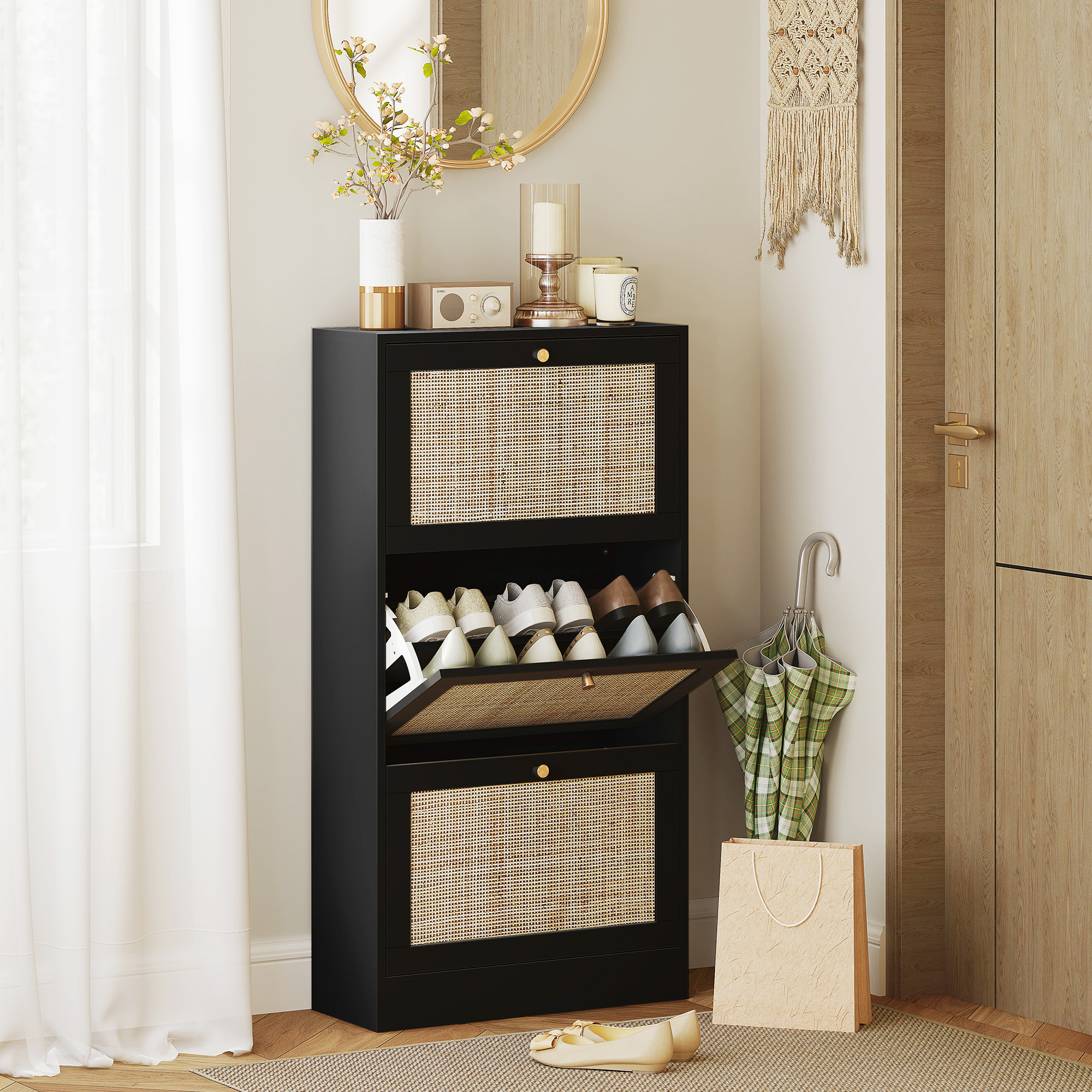 HOMCOM Rattan Shoe Cabinet: 3 Flip Drawers, Adjustable Shelves for 18 Pairs, Entryway/Hallway Organizer Aosom Canada
