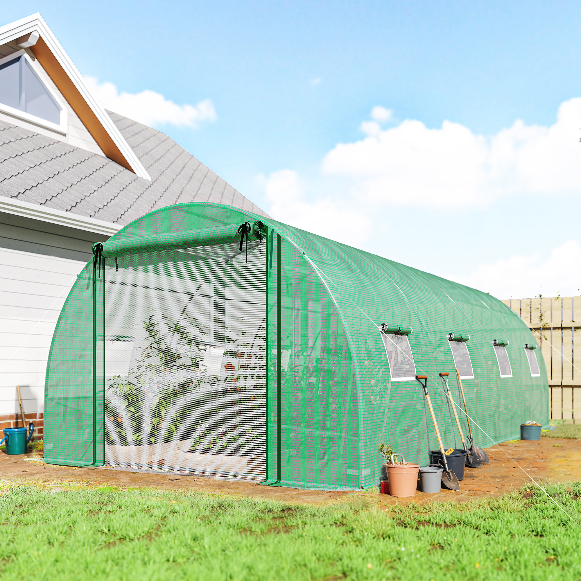 Outsunny Walk-in Tunnel Greenhouse with 2 Support Rods, Mesh Door, Plant Hot House with PE Cover, 20'x10'x7', Green Aosom Canada