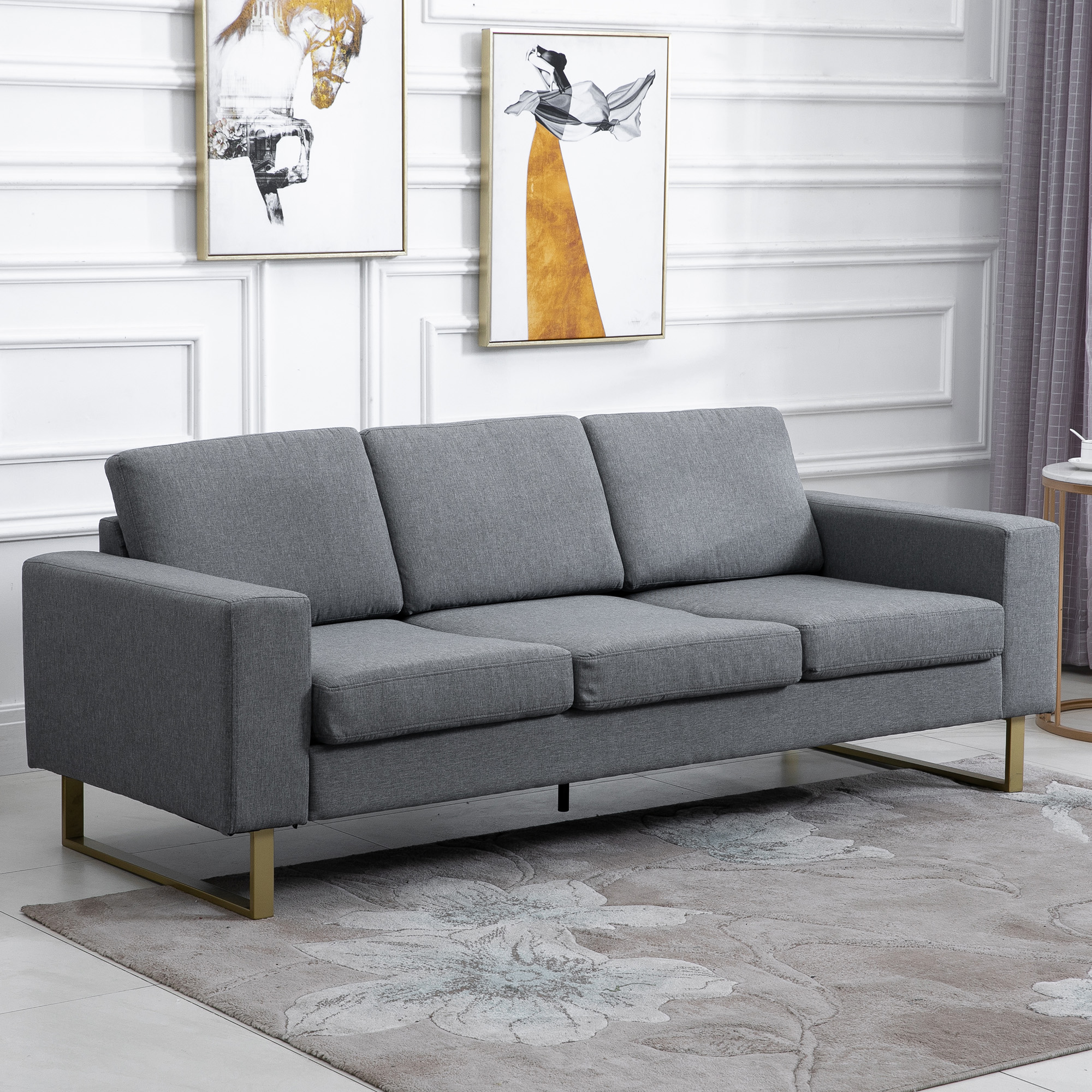 HOMCOM 3-Seater Modern Linen Sofa: Padded Couch with Upholstered Seat, Steel Leg, Grey Aosom Canada