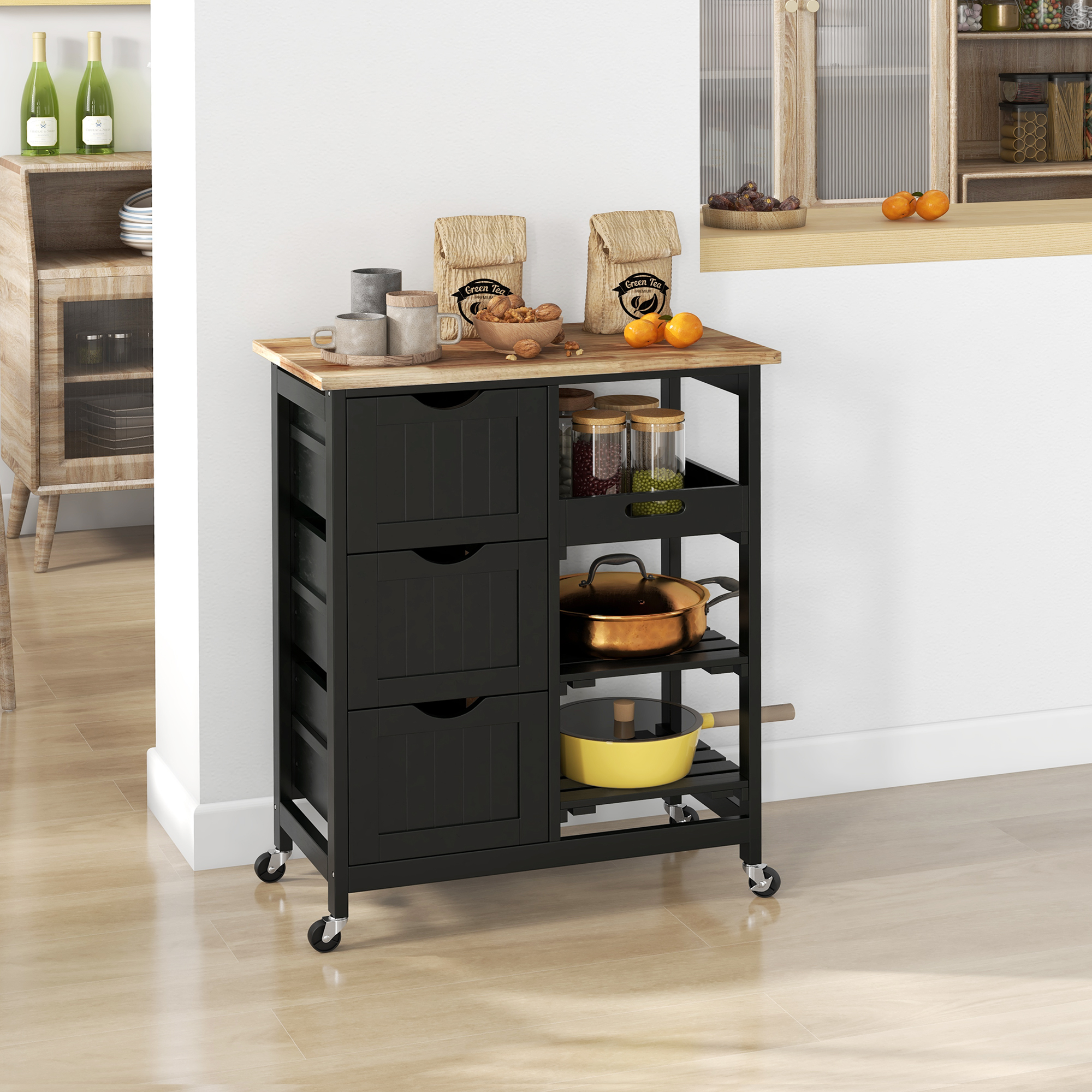 HOMCOM Kitchen Cart on Wheels, Rolling Kitchen Island Cart with Wood Top, 3 Drawers and Shelves for Home Dining Area, Black Aosom Canada