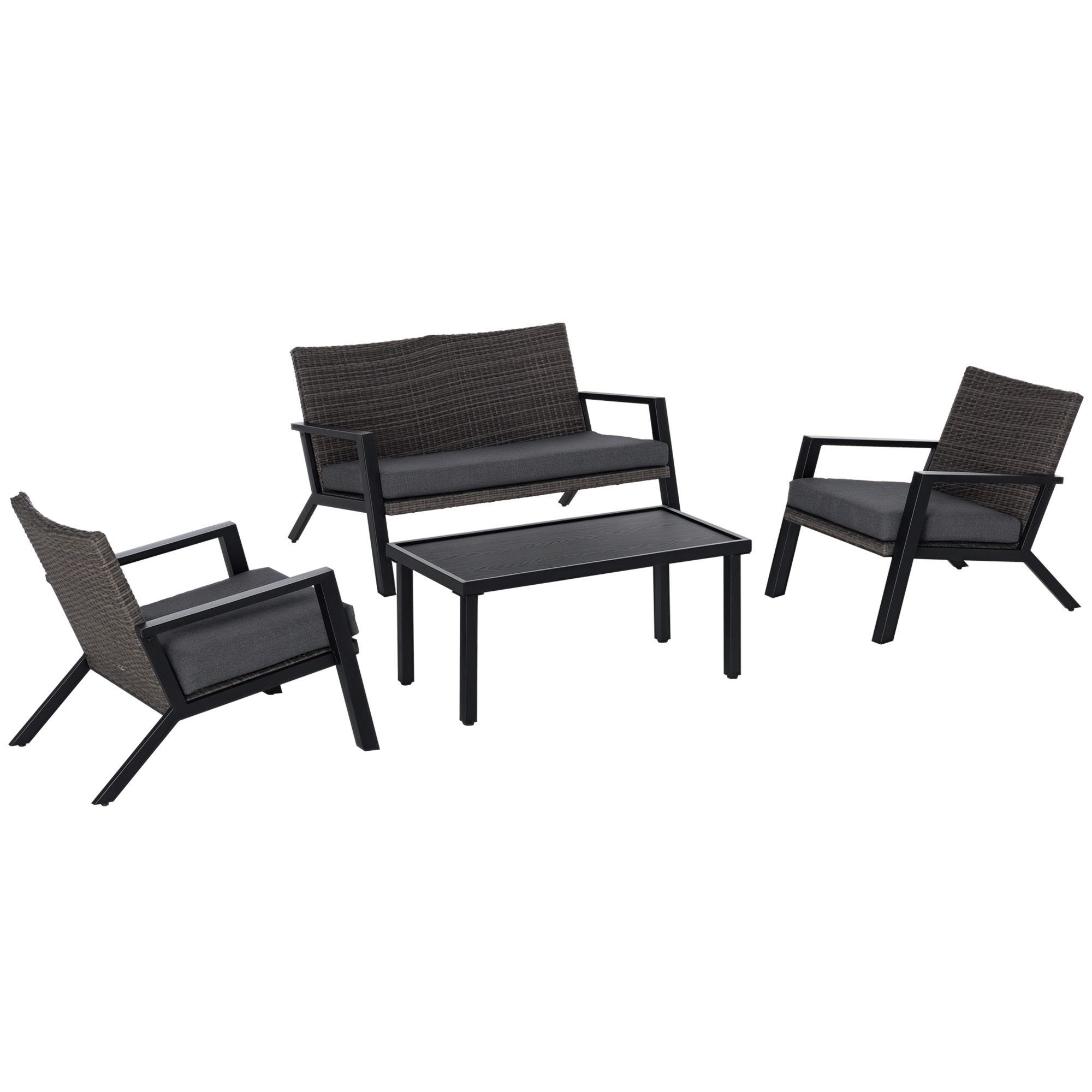 Outsunny 4 Piece Patio Furniture Set, 2 PE Wicker Chairs, Loveseat Sofa, Outdoor Coffee Table, Soft Cushions, Black