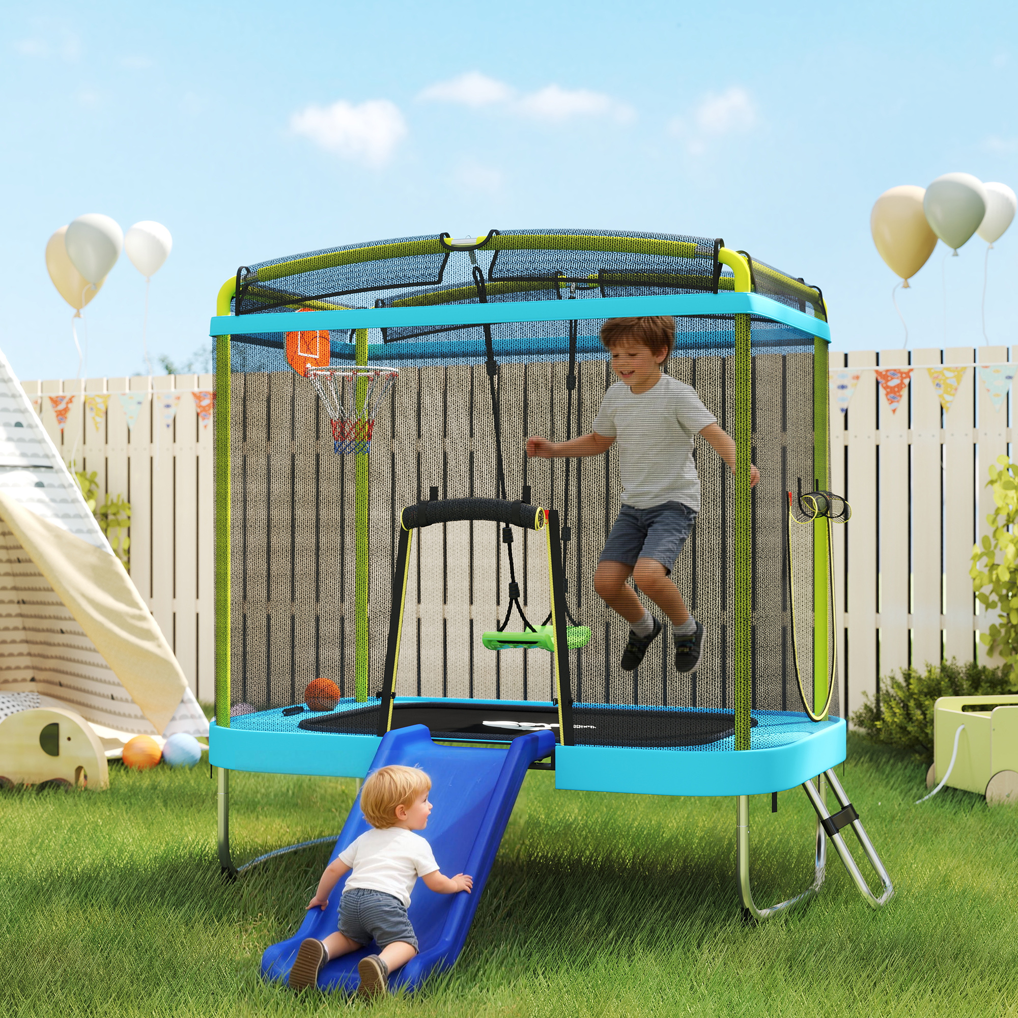 Qaba 70" x 47" Trampoline for Kids Indoor & Outdoor with Slide, Swing, Basketball Hoop and Safety Enclosure, Light Blue Aosom Canada