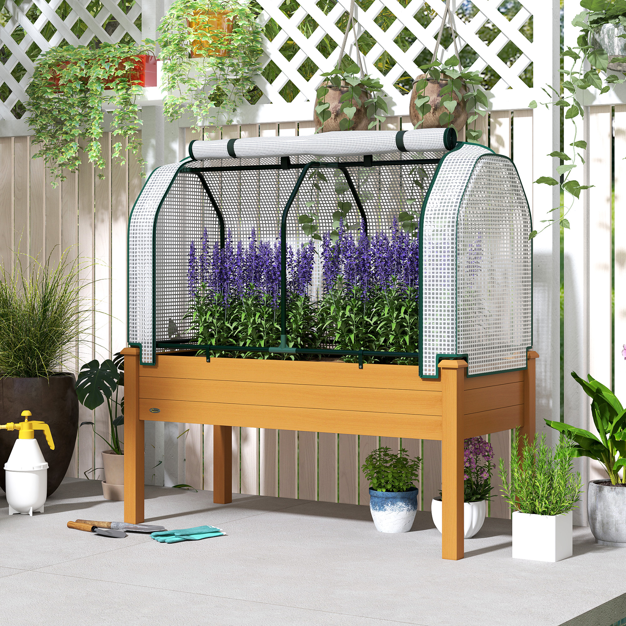 Outsunny Raised Garden Bed with PE Greenhouse Cover Outdoor Elevated Wood Planter Box for Herbs and Vegetables Sand Aosom Canada