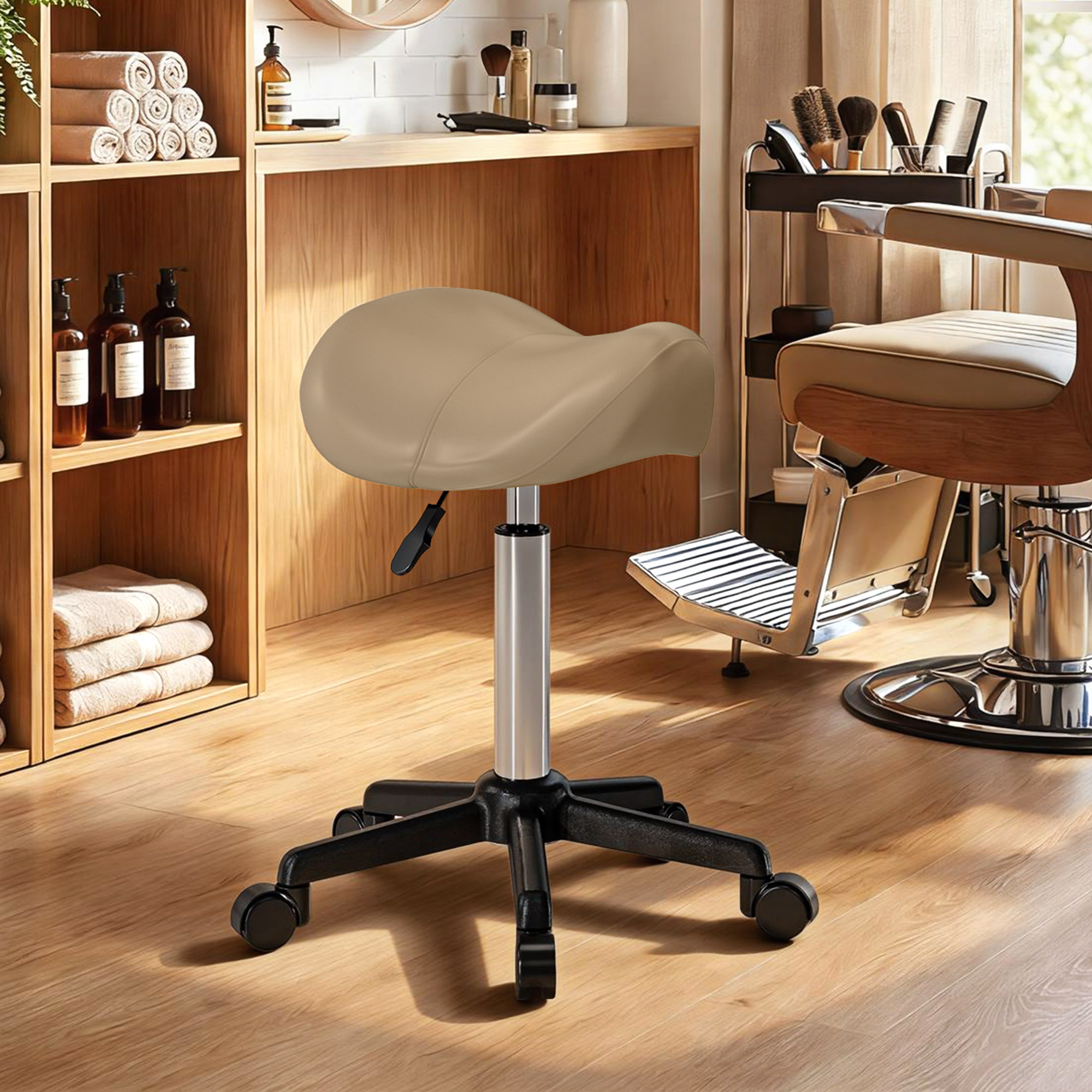 HOMCOM Rolling Salon Stool, PU Leather Swivel Saddle Chair, Adjustable Height Stool with Wheels for Spa, Salon, Office, Brown Aosom Canada