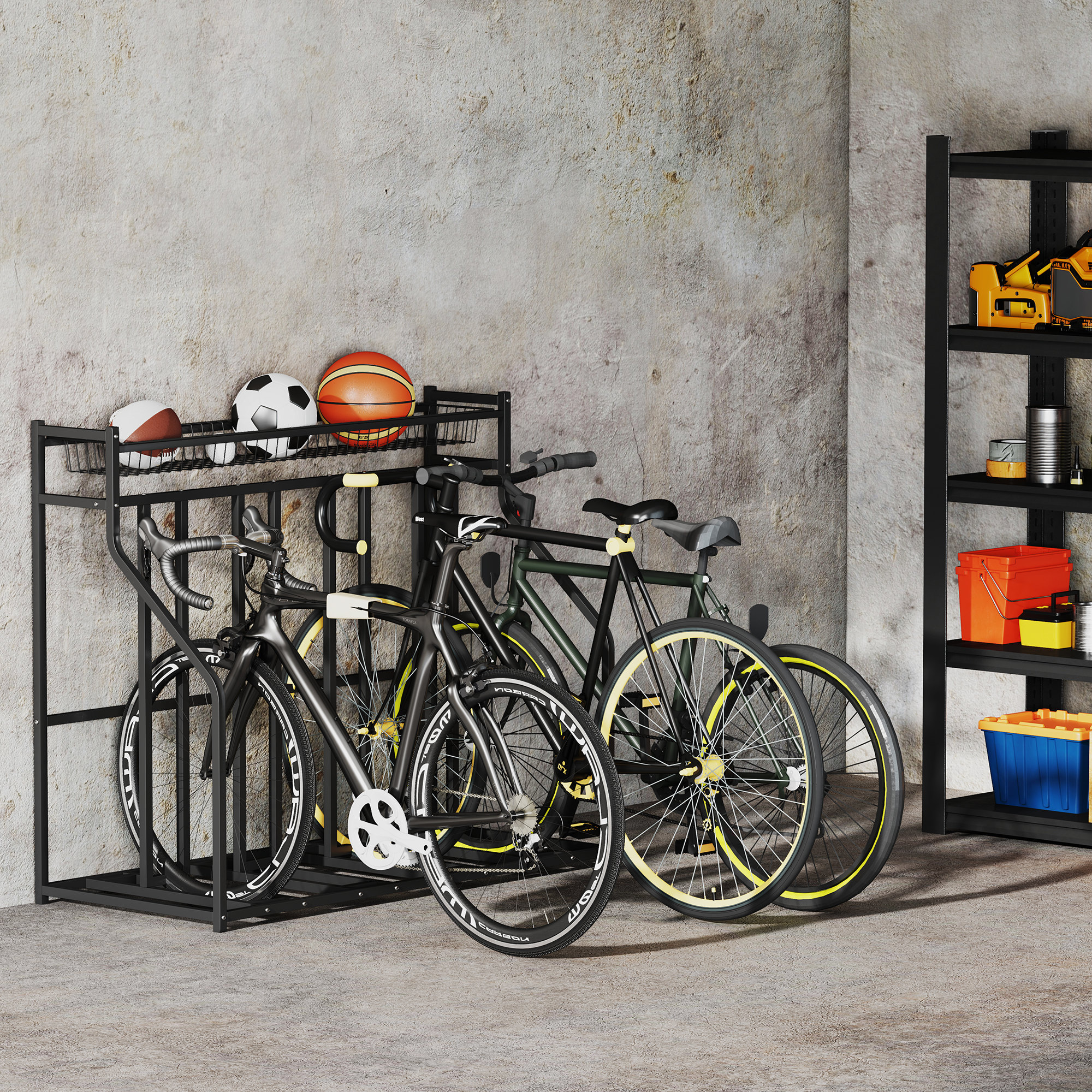 Soozier 4 Bicycle Bike Stand, Metal Floor Bike Storage Rack with Basket, Hooks, Indoor Outdoor Bicycle Stand, Black Aosom Canada
