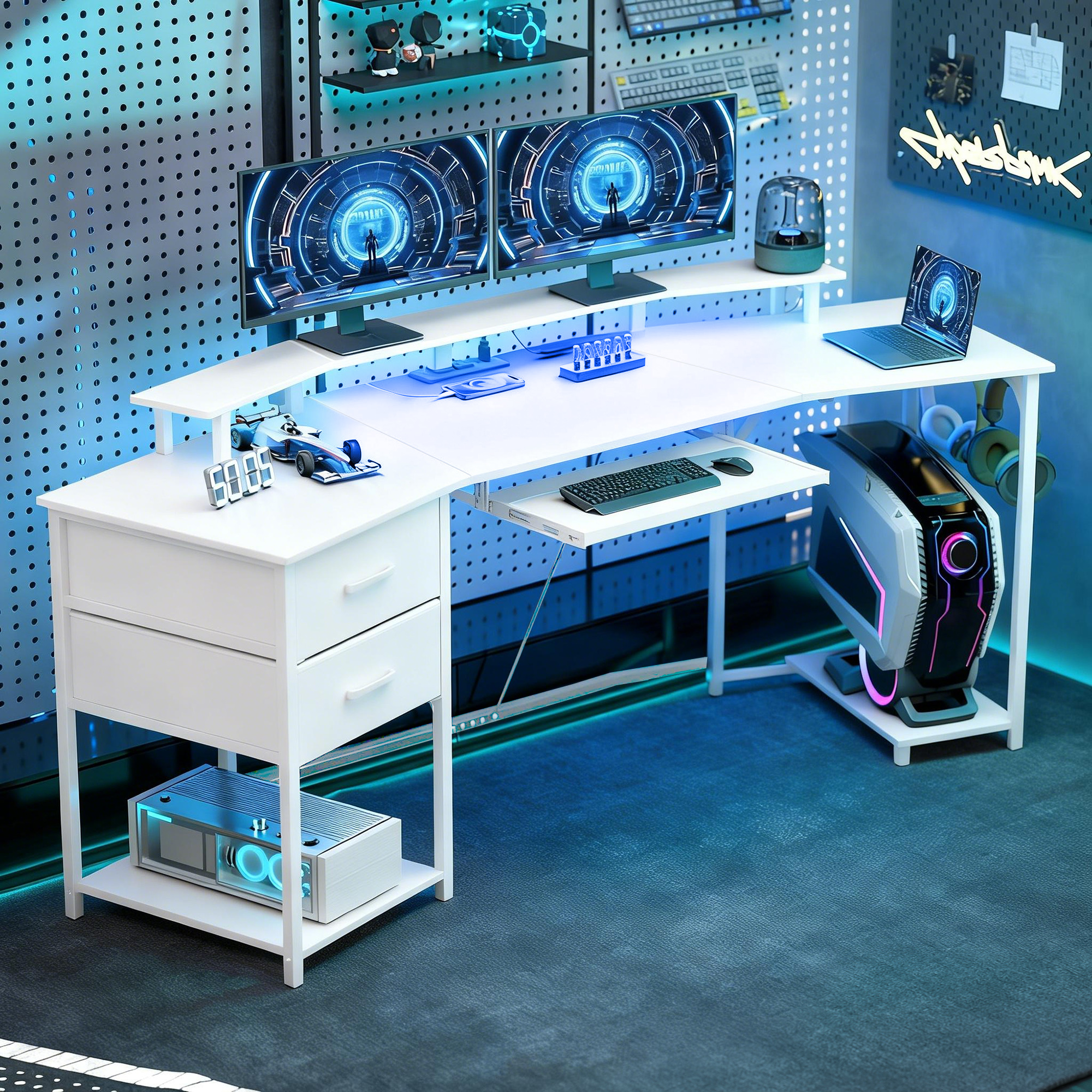 HOMCOM 79 inch Gaming Desk with RGB Lights, Computer Table with Power Outlets & USB Ports, Keyboard Tray and 2 Drawers, White Aosom Canada