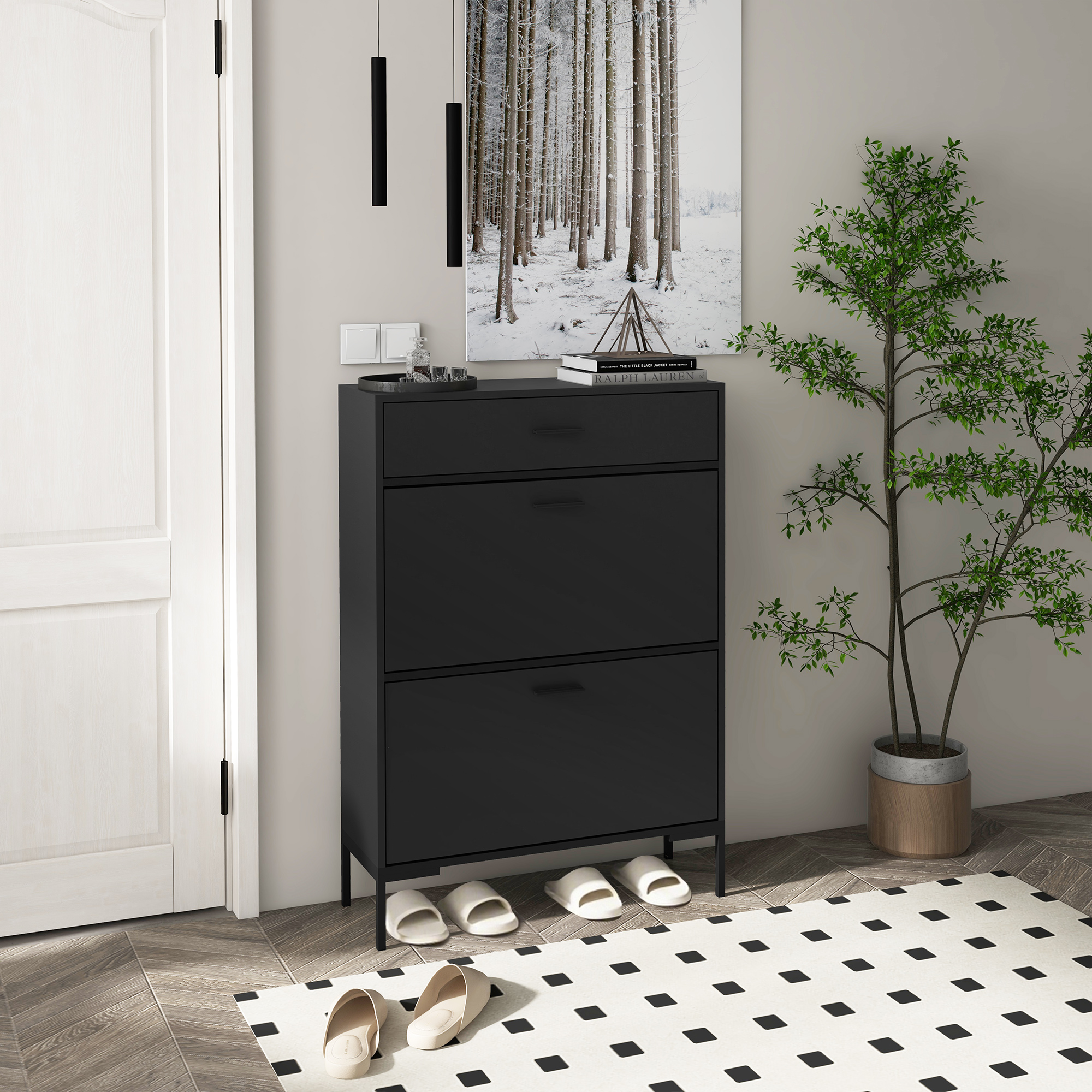 HOMCOM Modern Shoe Cabinet Storage 12 Pair Shoe Organizer with 2 Flip Doors Drawer and Adjustable Shelf Black Aosom Canada