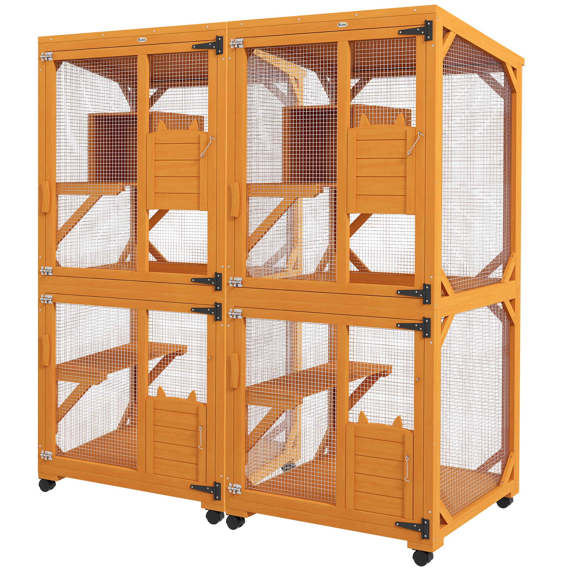 PawHut 2PCs Wooden Catio with Waterproof Roof, Resting Box, Wheels, Orange