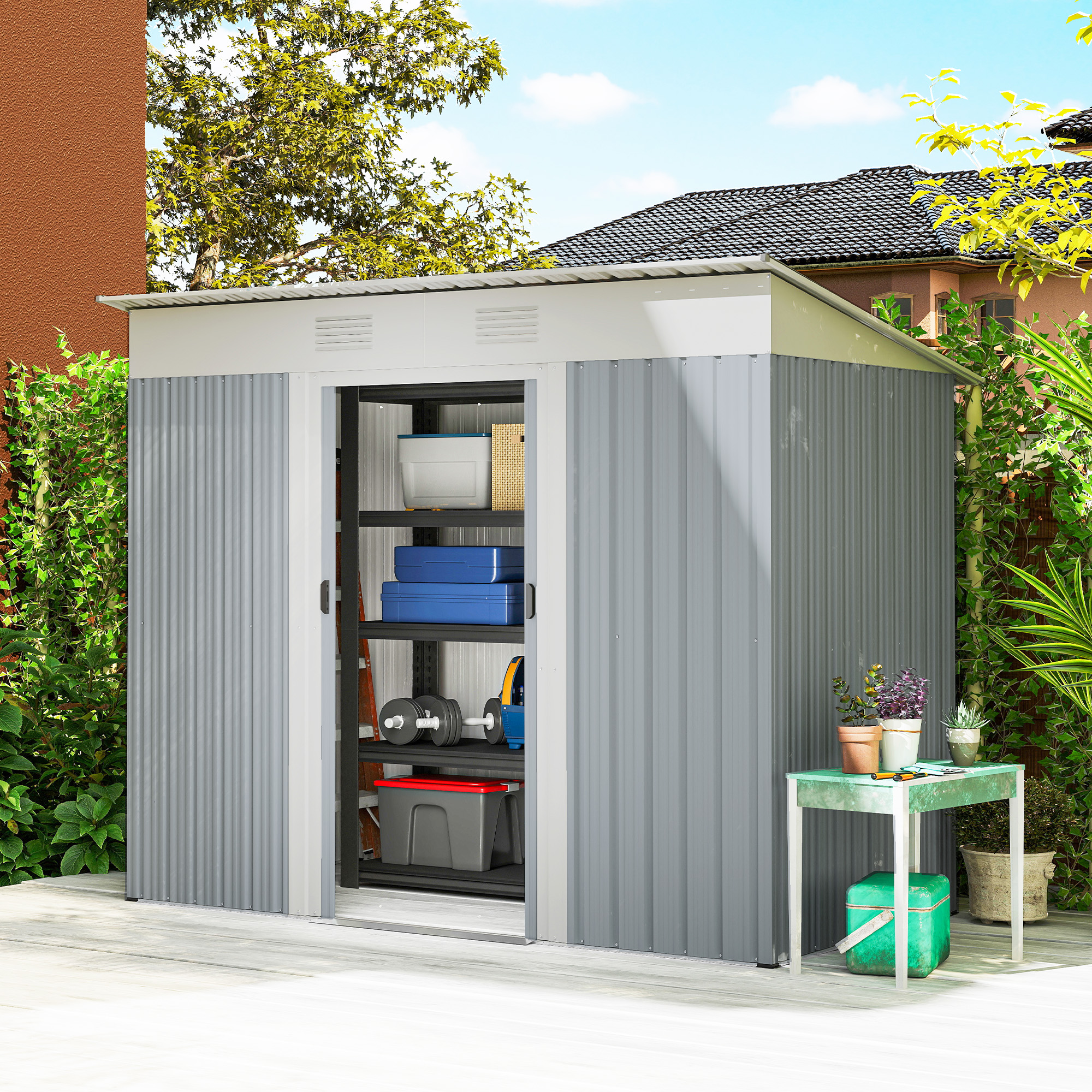 Outsunny 7' x 4' Outdoor Storage Shed, Metal Garden Shed with Lockable Sliding Doors and Vents, Grey Aosom Canada