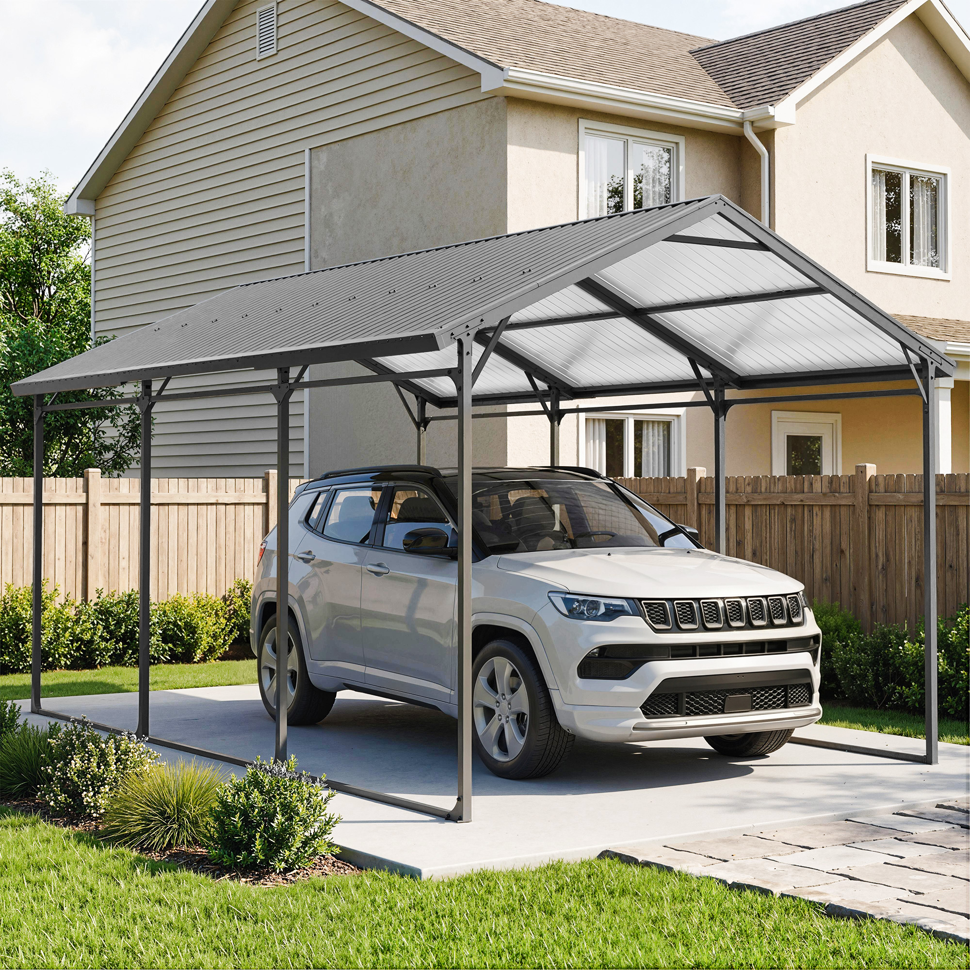Outsunny 10 x 15ft Metal Carport, Heavy-Duty Carport Canopy with Reinforced Steel Frame & Roof, All-Weather Protection | Aosom Canada