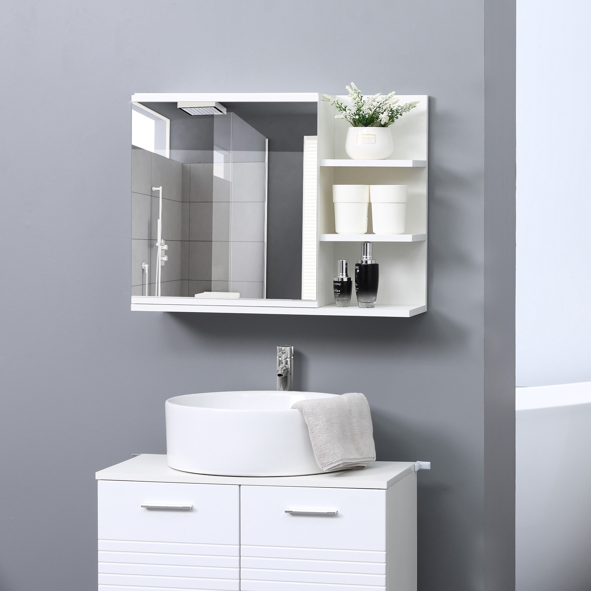 Kleankin Vanity Wall Cabinet: Bathroom Storage with Mirror, 3 Open Shelves & 2-Tier Mirrored Cupboard Aosom Canada