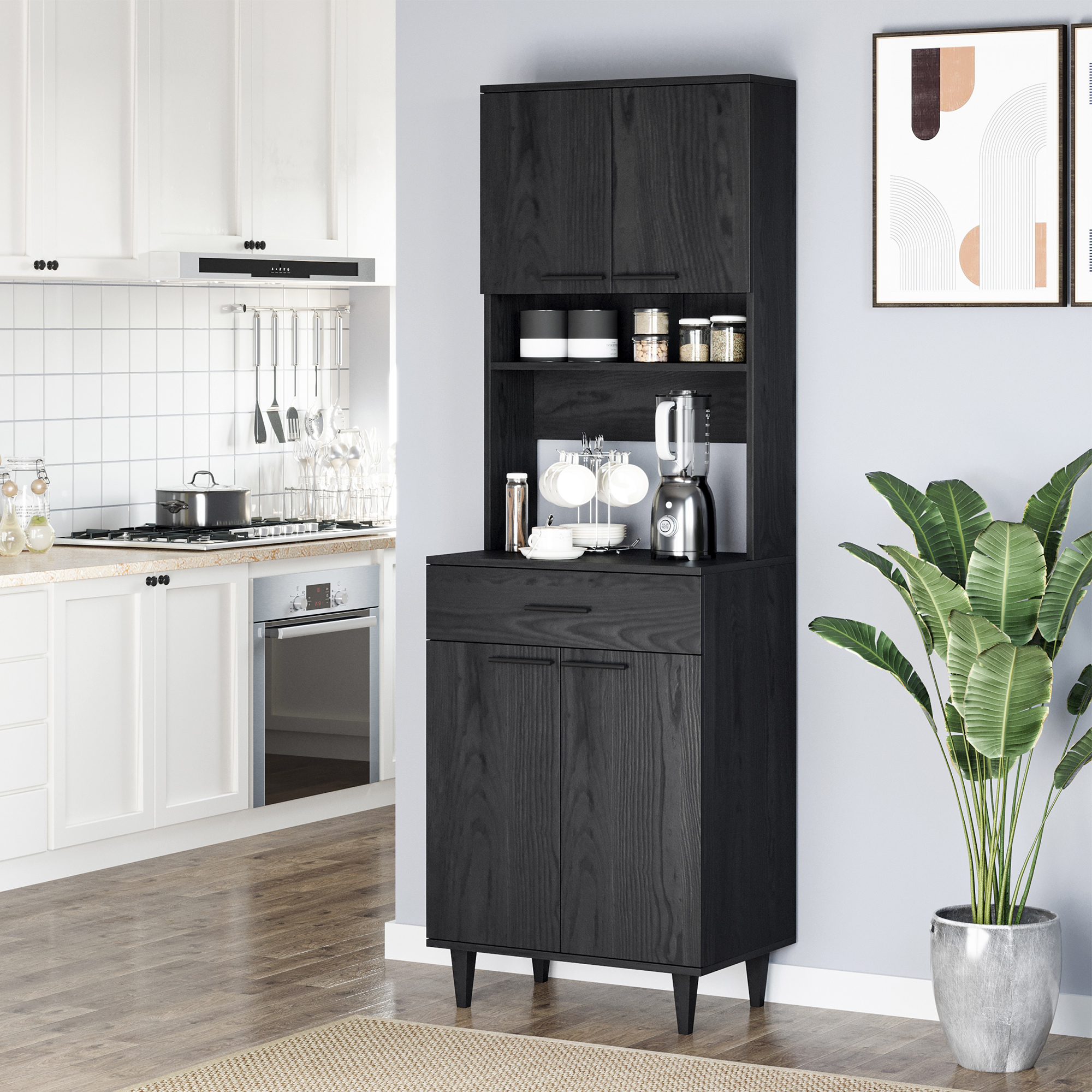 HOMCOM Black 71"H Kitchen Pantry Cabinet: Freestanding Cupboard with Microwave Stand and Storage Cabinet for Dining Room, Living Room Aosom Canada