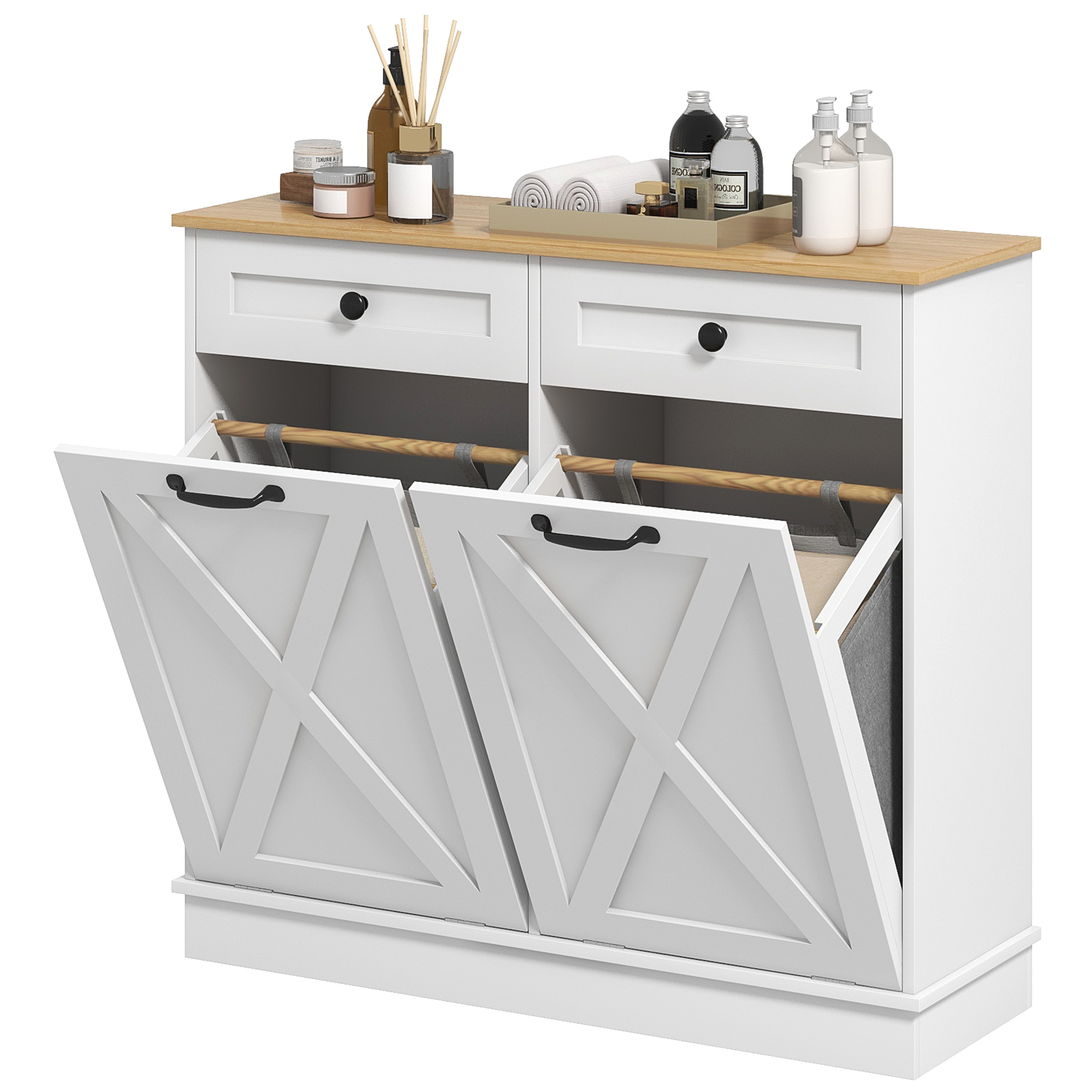 HOMCOM Tilt Out Laundry Hamper Cabinet, Bathroom Storage Cabinet with 2 Removable Baskets and 2 Drawers, White