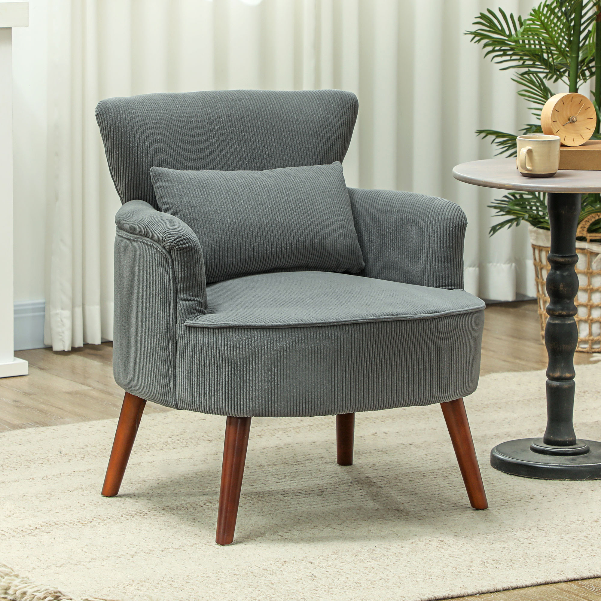 HOMCOM Modern Accent Chair, Upholstered Armchair with Solid Wood Legs and Lumbar Pillow for Living Room, Grey Aosom Canada