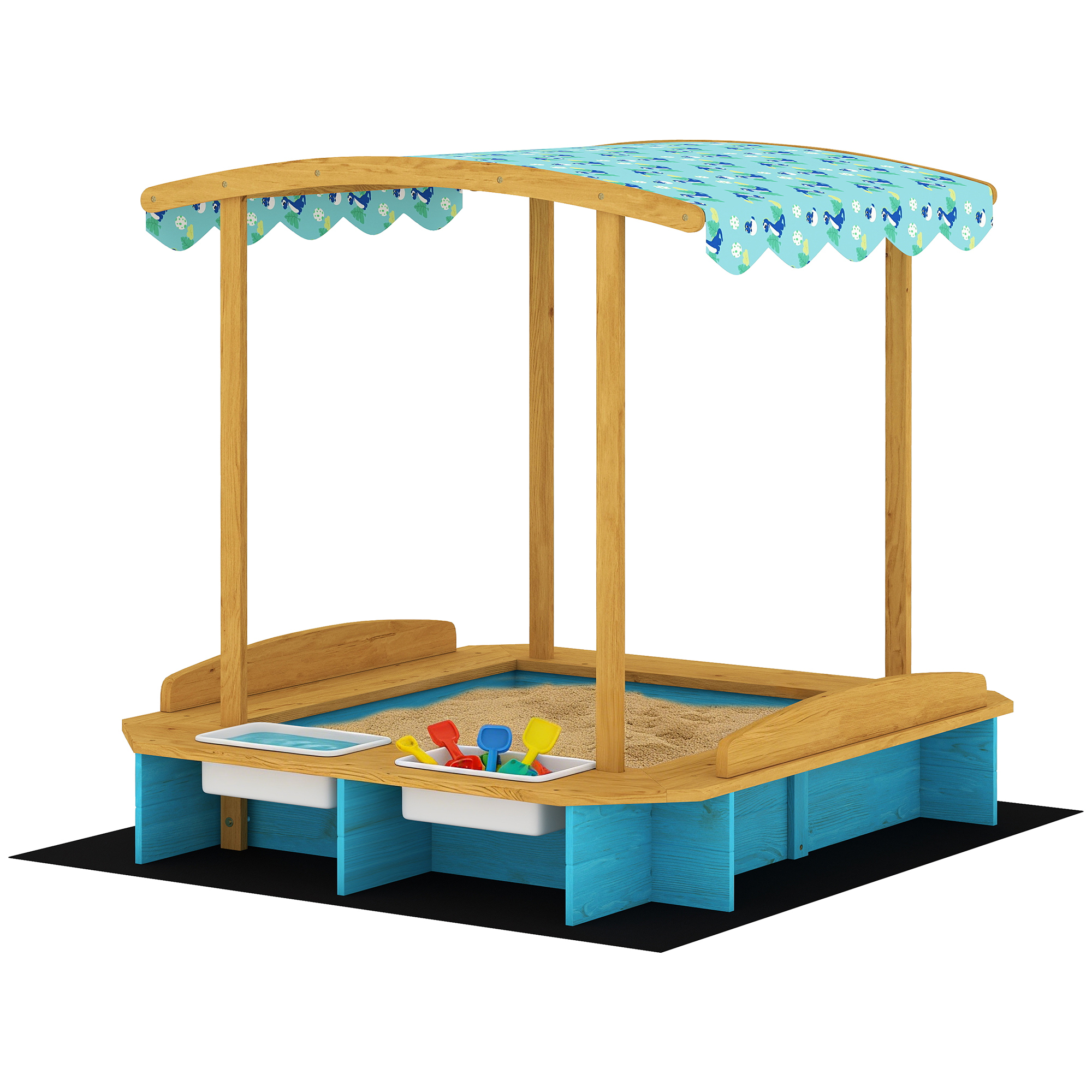 Qaba Wooden Sandbox with Dinosaur Print Canopy Kids Sandbox Outdoor with Bench Seats & 2 Storage Bin