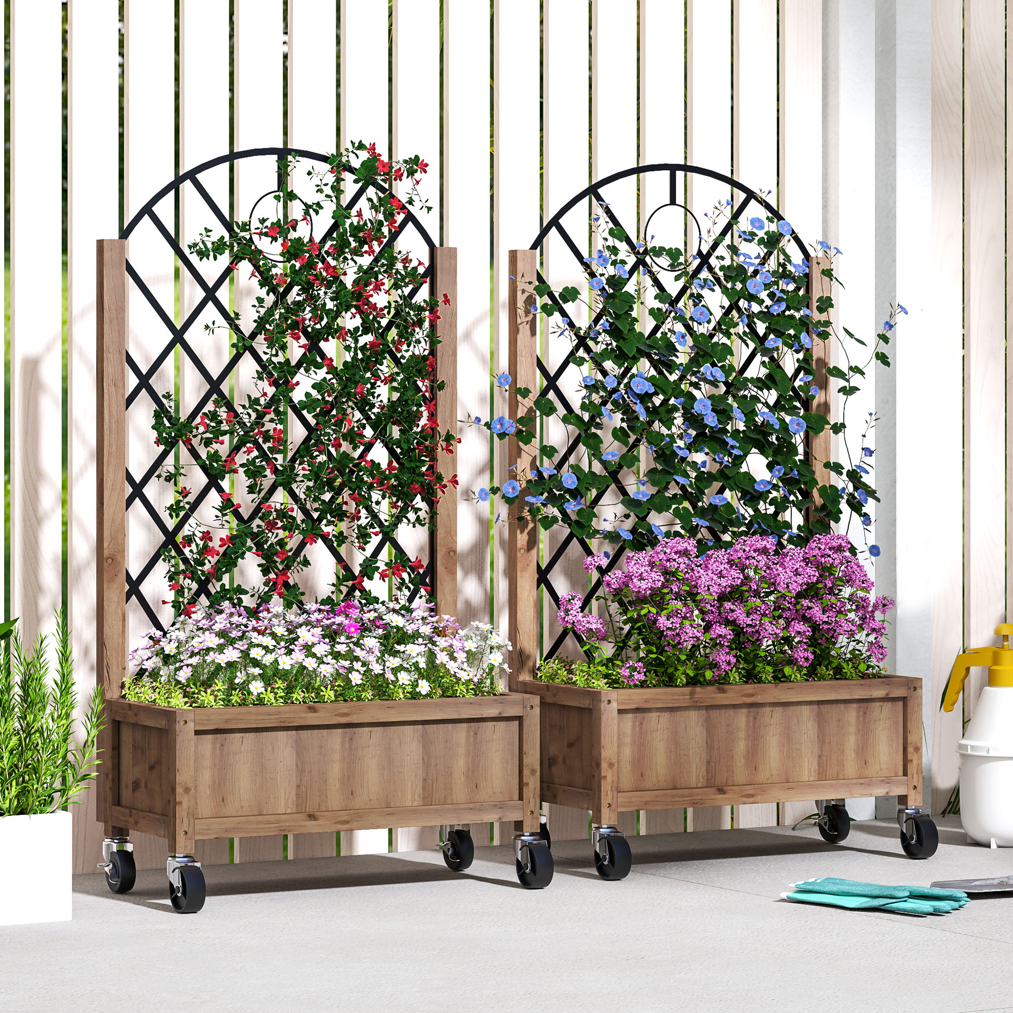 Outsunny Raised Garden Bed with Metal Trellis, Elevated Planter Box with Wheels and Drainage Holes, 20.5" x 9.8" x 38.2", Brown Aosom Canada