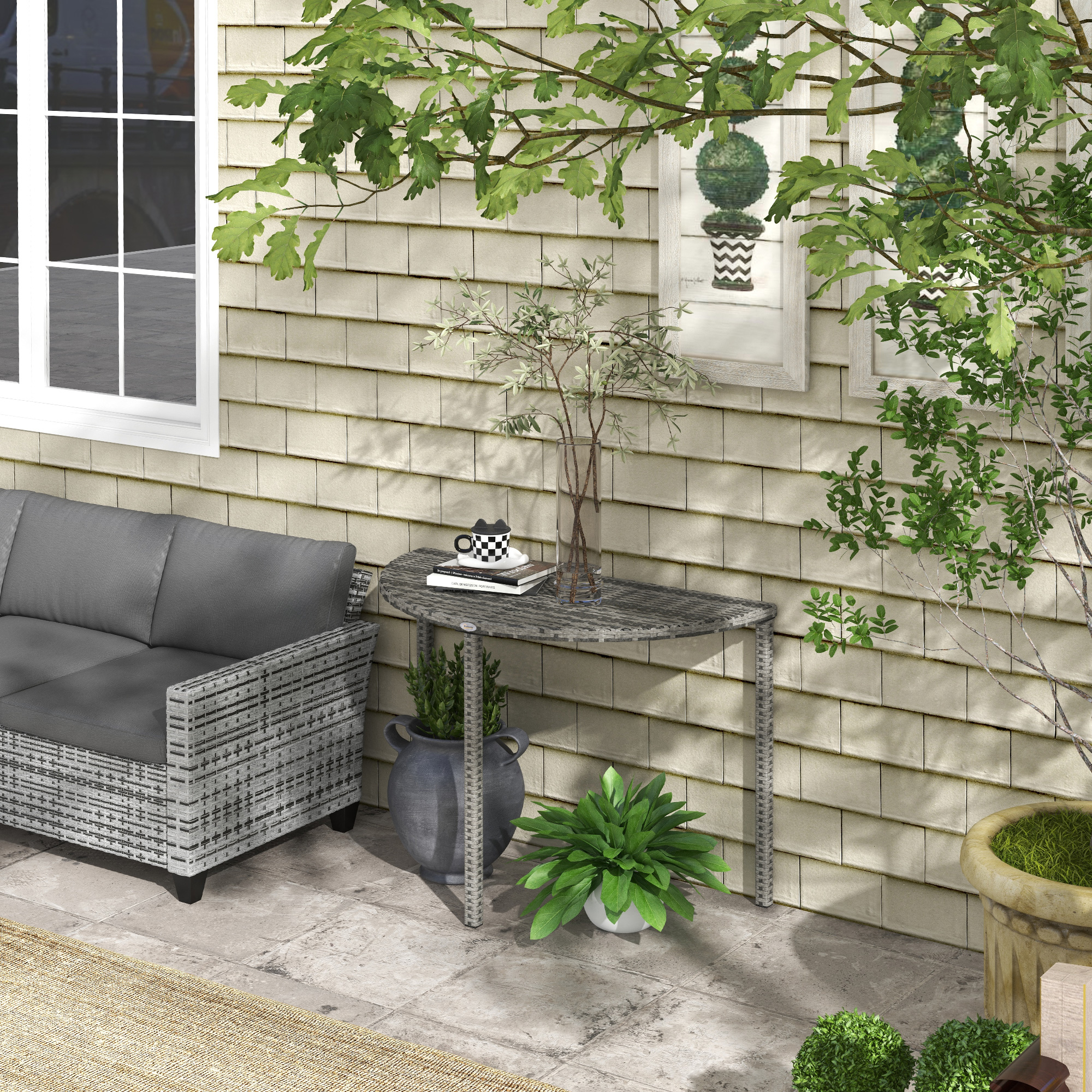 Outsunny Half Round Side Table, PE Rattan Coffee Table with Metal Frame for Patio, Garden, Balcony, Grey Aosom Canada