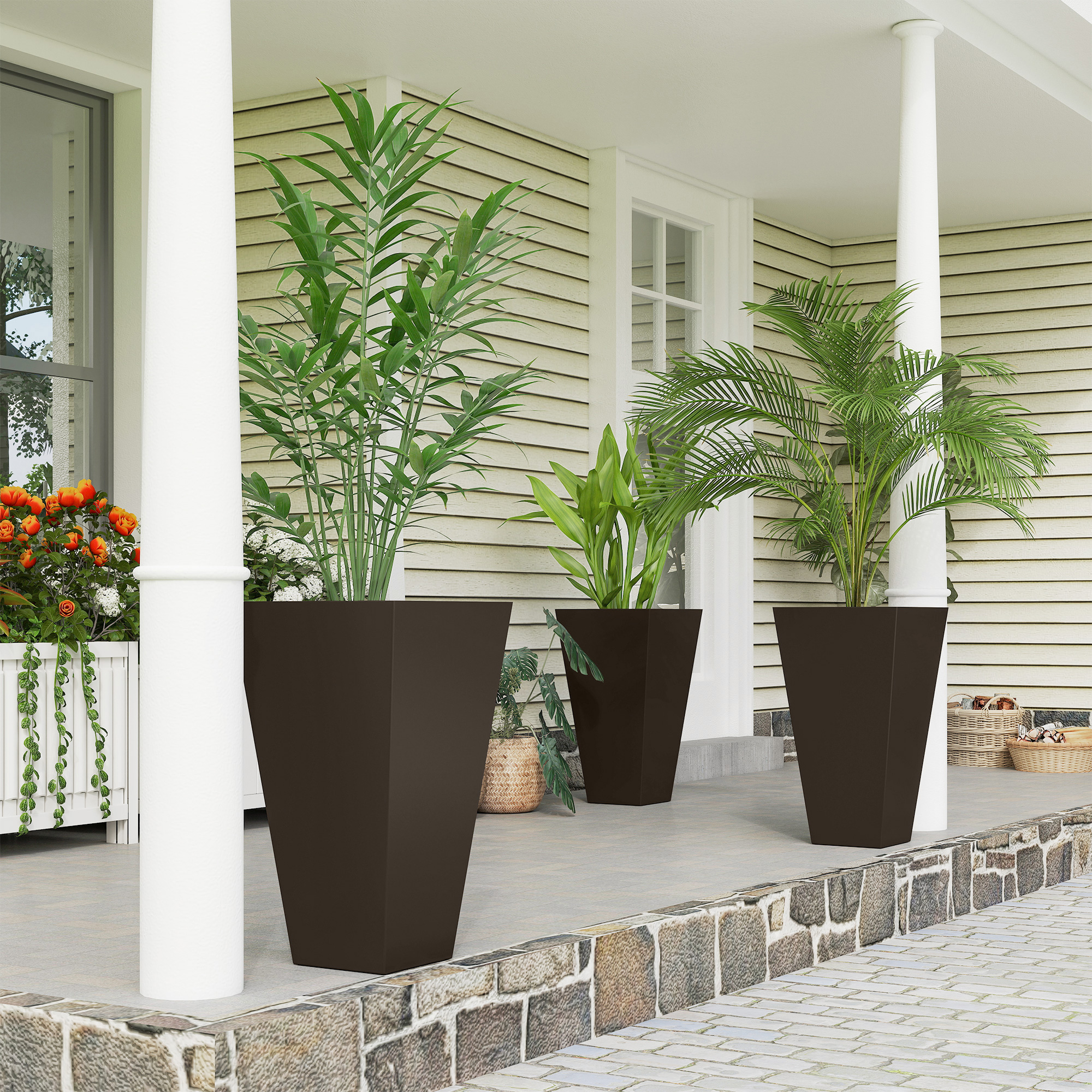 Outsunny 28" Tall Garden Plastic Planters, Outdoor and Indoor Flower Pots, Set of 3 for Entryway, Patio, Yard, Brown Aosom Canada