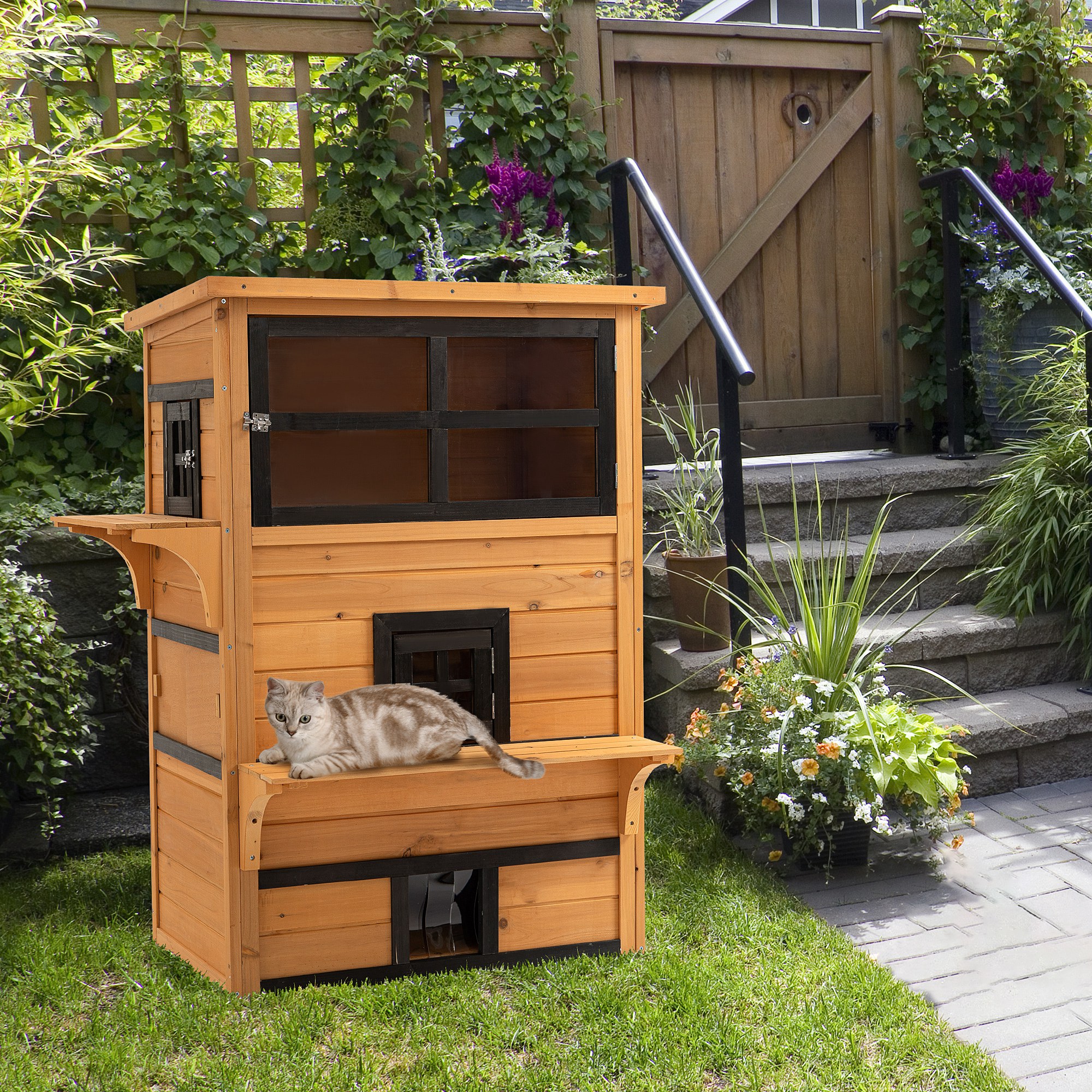 PawHut Cat House, Outdoor 3-Tier Kitty Shelter, Weather Resistant, w/ Escape Door Aosom Canada
