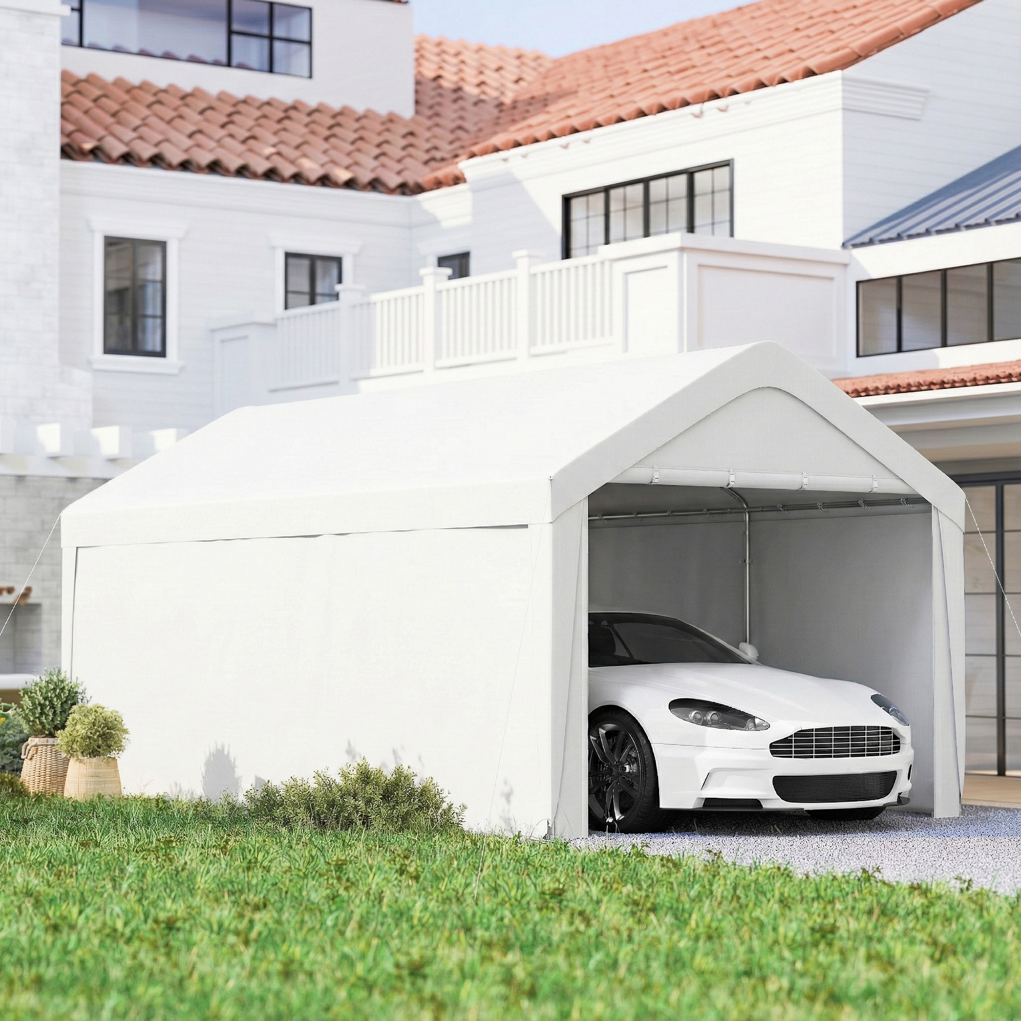 Outsunny Carport, 10 x 20 ft Portable Garage with 2 Roll-Up Doors and Removable Sidewalls for Car, Truck, Boat, White Aosom Canada
