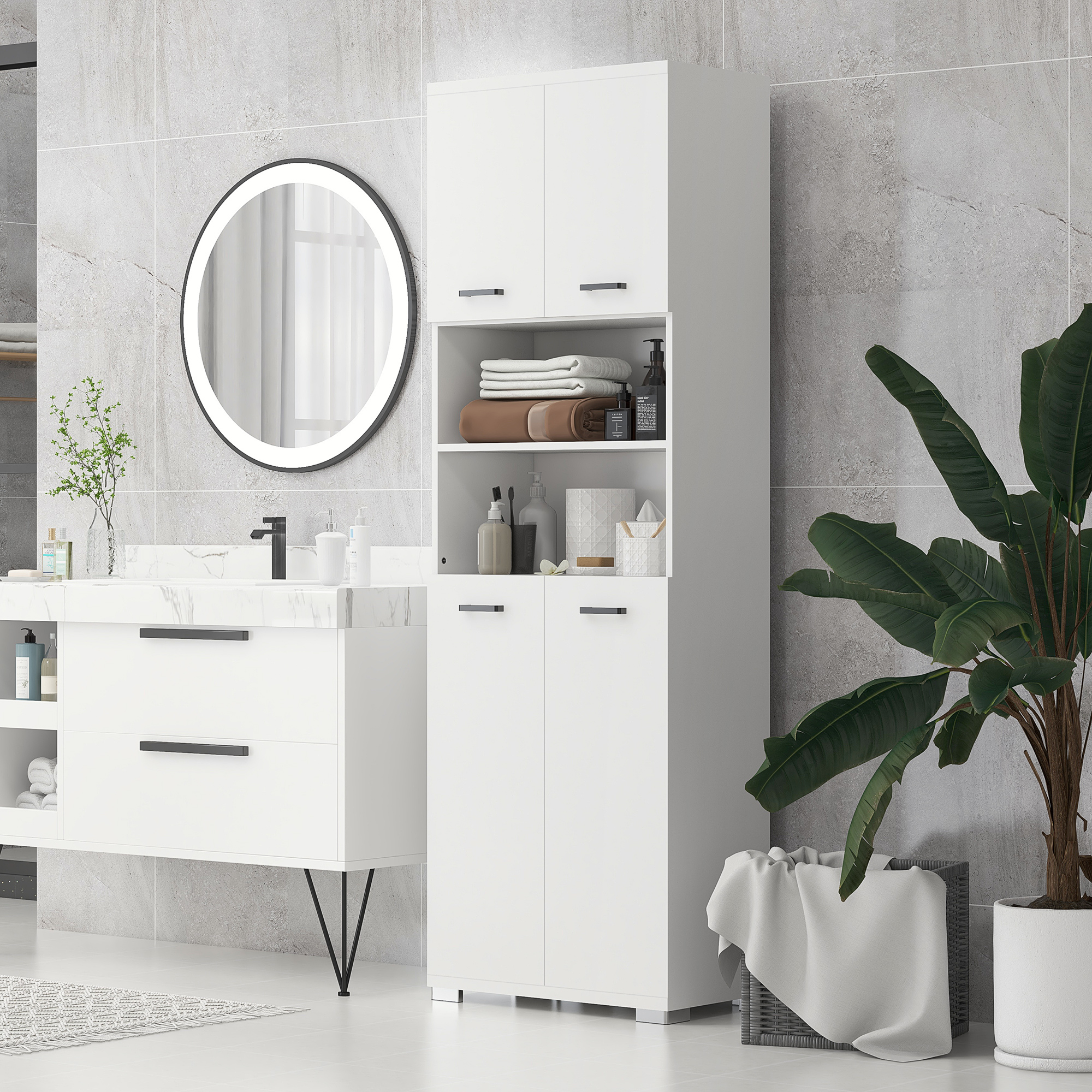 kleankin 72" Bathroom Linen Cabinet: Freestanding with Open Shelves & Cupboards in White Aosom Canada
