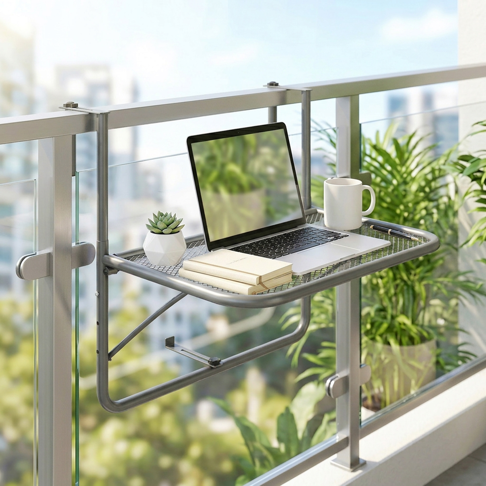 Outsunny Adjustable Balcony Hanging Rail Table Metal Mounting Mini Wall Desk Outdoor Flower Stand Serving Table, Grey Aosom Canada