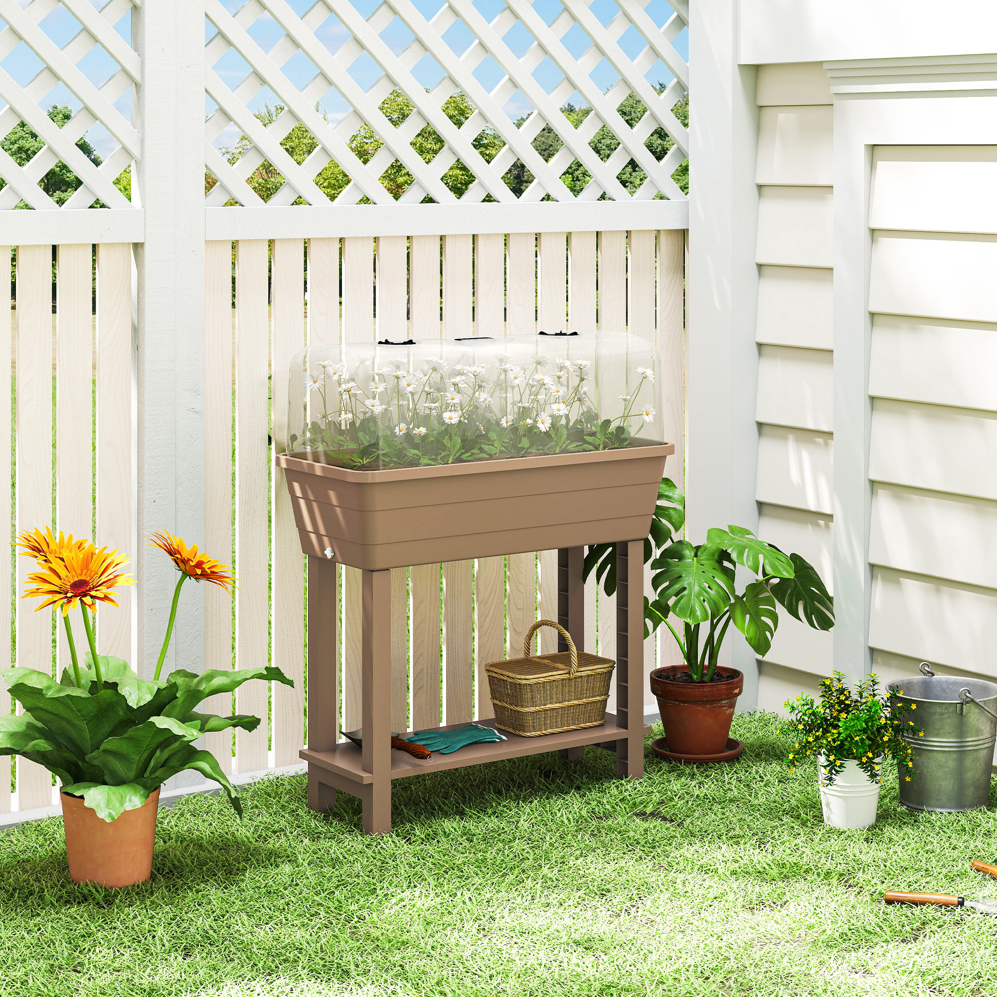 Outsunny 41L Self Watering Raised Garden Bed w/ Ventilation Transparent Lid Greenhouse, Planter Box w/ Storage Shelf, Brown Aosom Canada