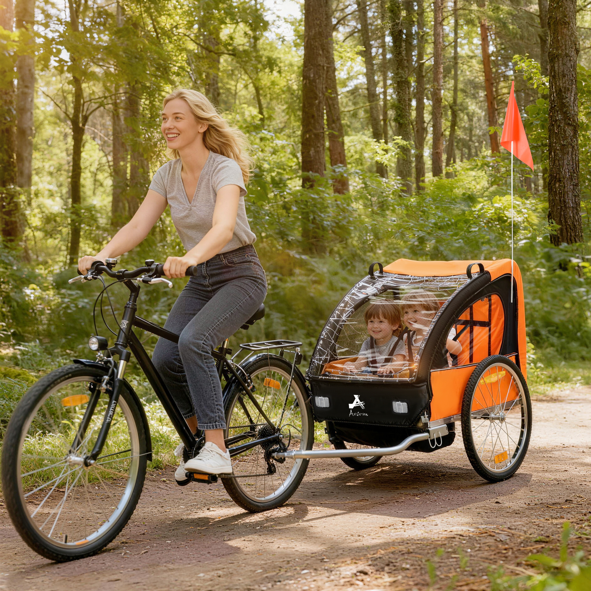 Aosom 2-Seat Child Bike Trailer Kids Strong Steel Frame 5-Point Safety Harnesses Comfortable Seat Red Aosom Canada