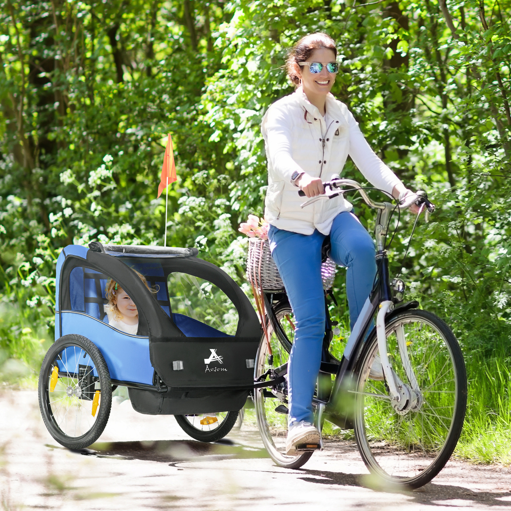 Aosom 2 Seat Bike Trailer for Kids, Baby Stroller with Storage Bag, 5 Point Harness, Bicycle Trailer with 20" Wheels, Blue Aosom Canada