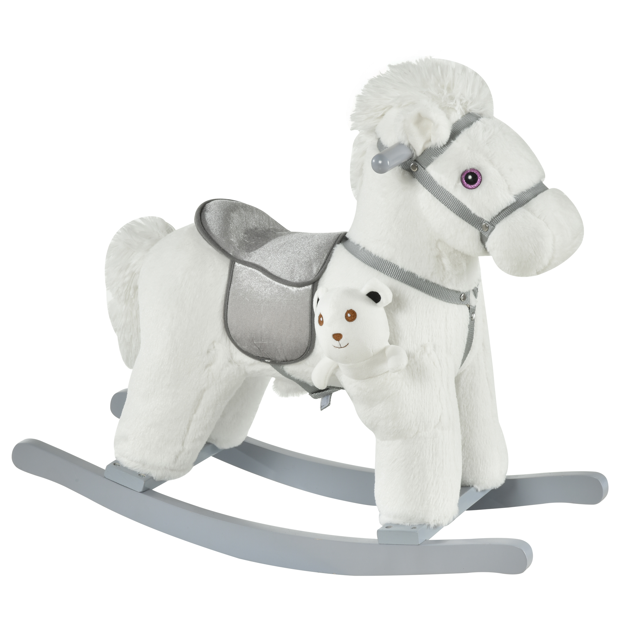 Qaba Kids Rocking Horse with Bear Toy, Plush Animal Rocker with Fun Realistic Sounds for Toddler 18-36 Months, White