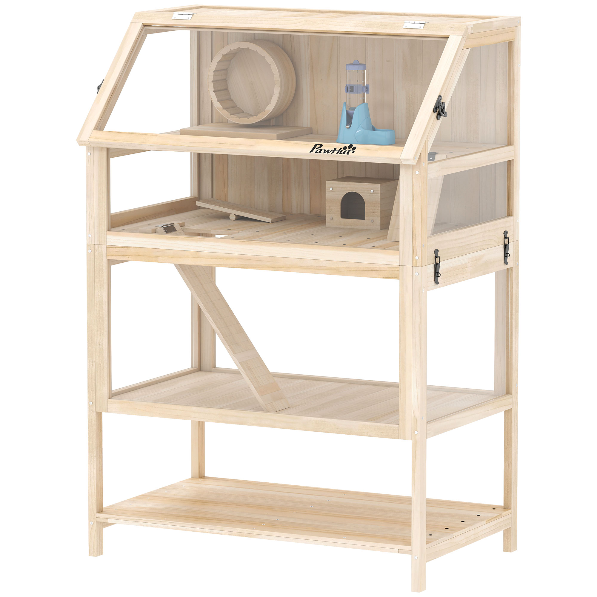 PawHut Wooden Hamster Cage with Detachable Lower Floor, Storage Shelf, Hut, Seesaw, Exercise Wheel, Ramps for Dwarf