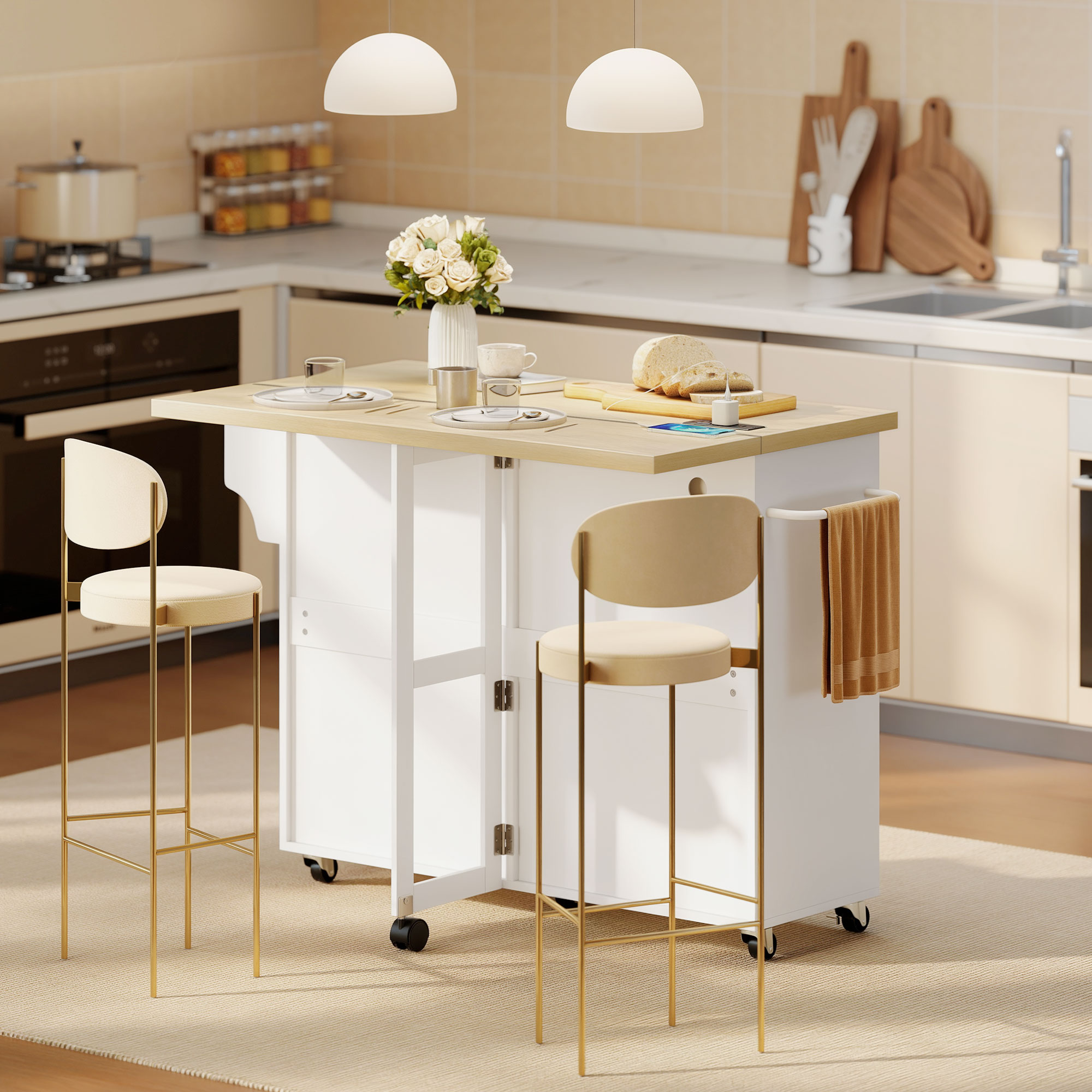 HOMCOM Portable Kitchen Island with Storage, Rolling Kitchen Cart with Charging Station, Drop Leaf, Towel Rack, Drawers, White Aosom Canada