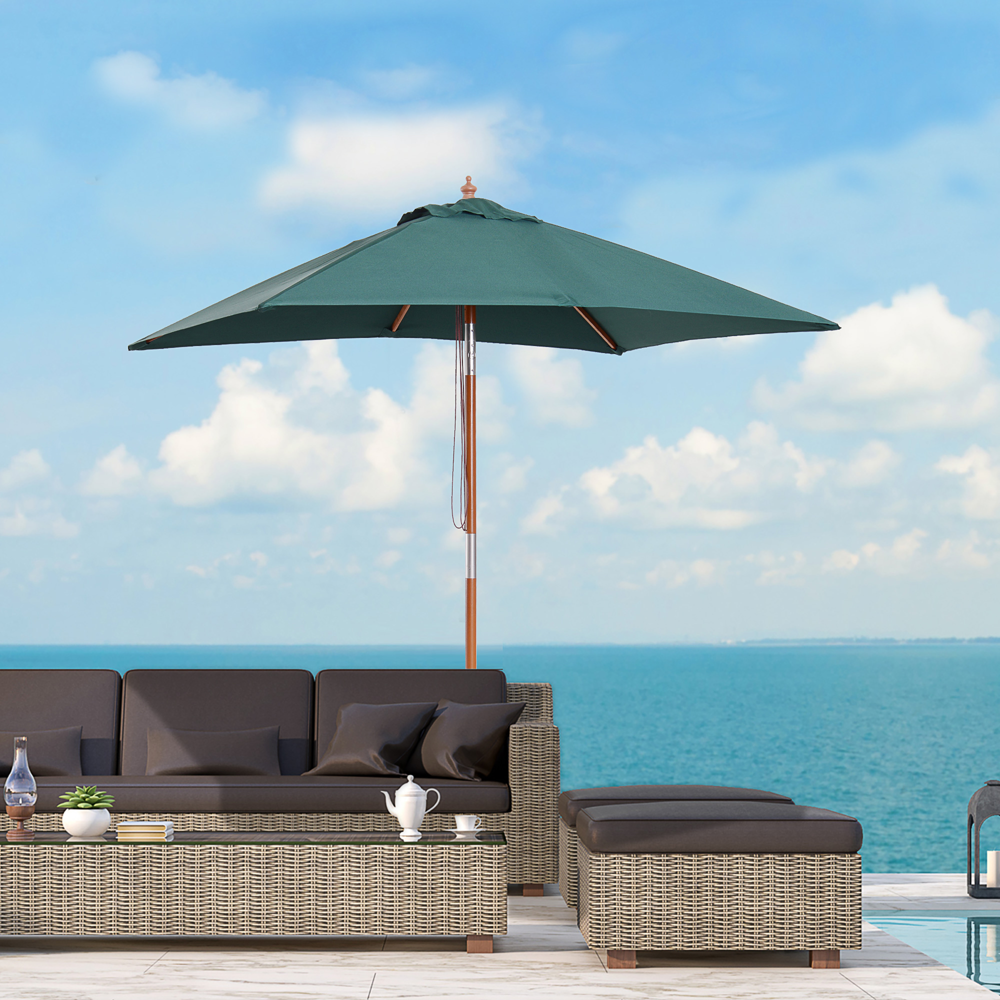 Outsunny Square Wooden Patio Umbrella: 6.6x5ft Tilt Mechanism with 6 Bamboo Ribs Sunshade, Green Aosom Canada
