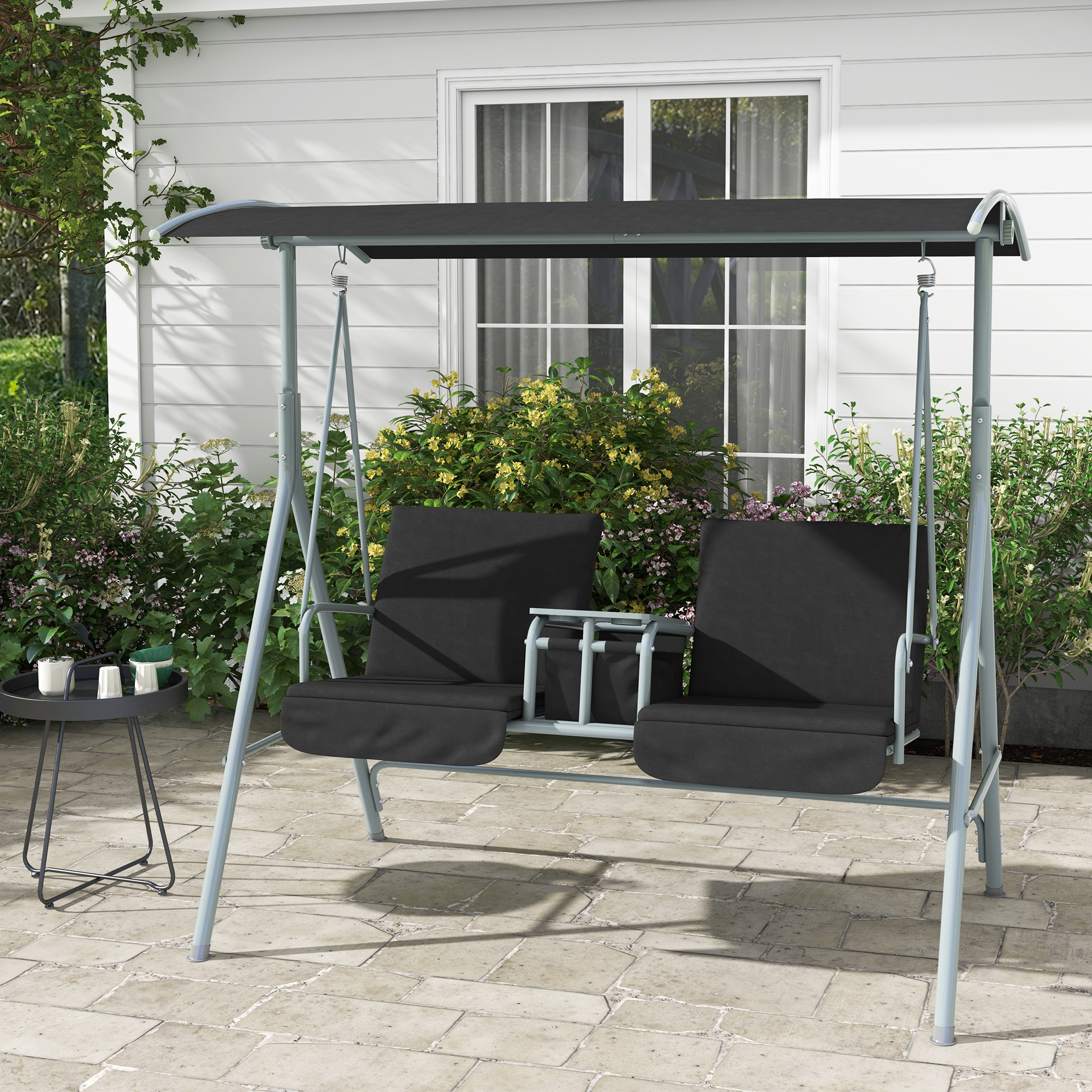 Outsunny 2-Seater Outdoor Porch Swing with Adjustable Canopy and Table, Patio Swing Chair for Garden, Poolside, Backyard, Black Aosom Canada
