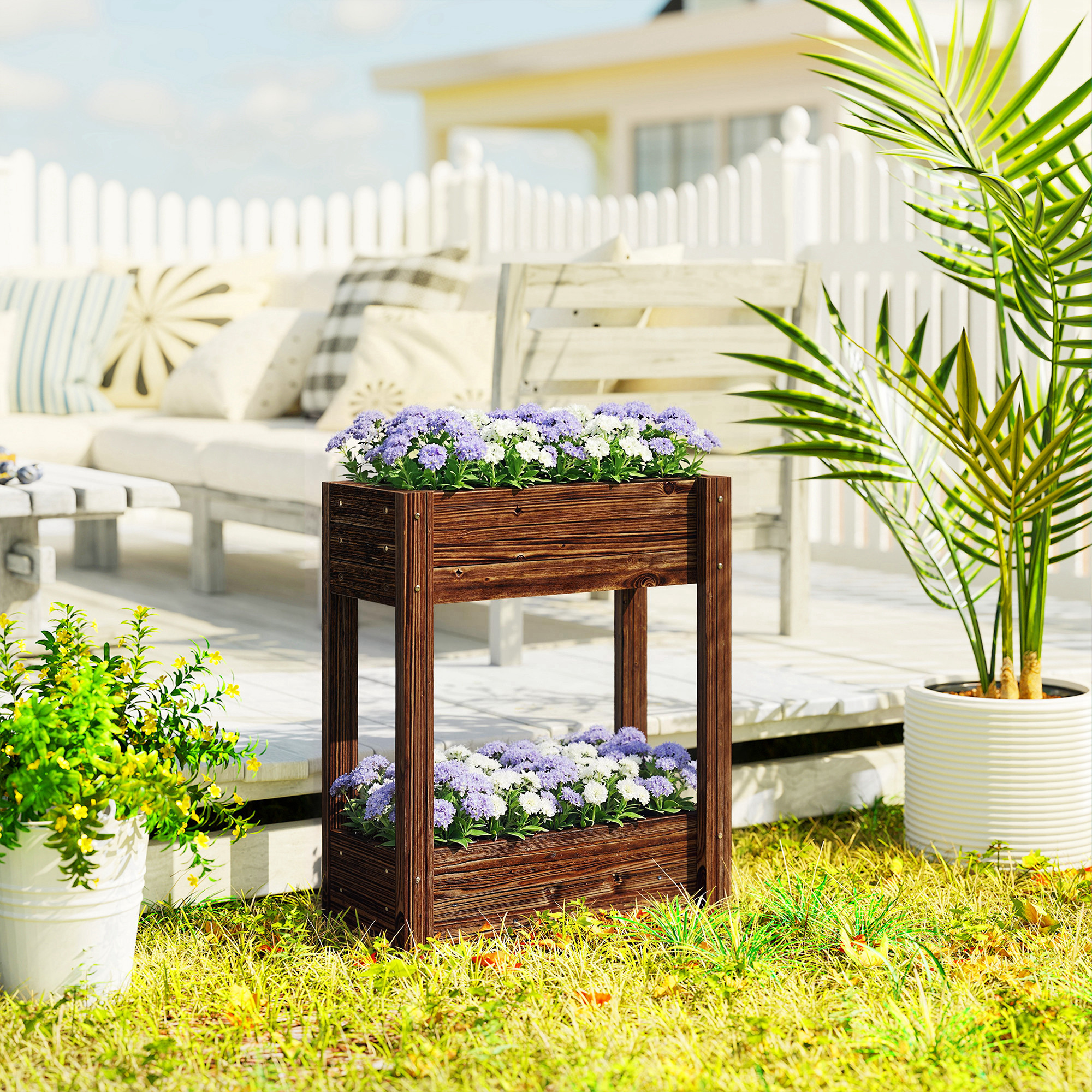 Outsunny 2-Tier Wooden Raised Garden Bed with Legs, 23.6" x 9.8" x 27.6" Elevated Planter Box with Drainage Holes and Bed Liner Aosom Canada