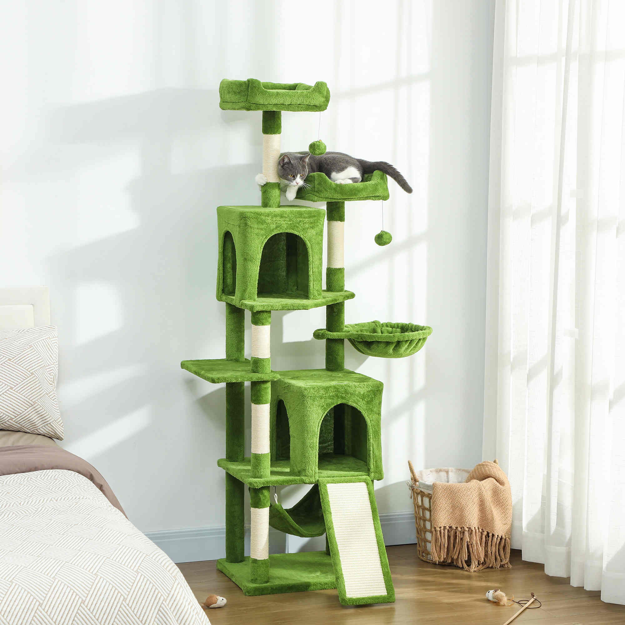 PawHut Cat Tree, 70" Multi-Level Cat Tower with 2 Condos, 2 Perches, Hammock, Toy Balls, Scratching Posts and Board, Green Aosom Canada