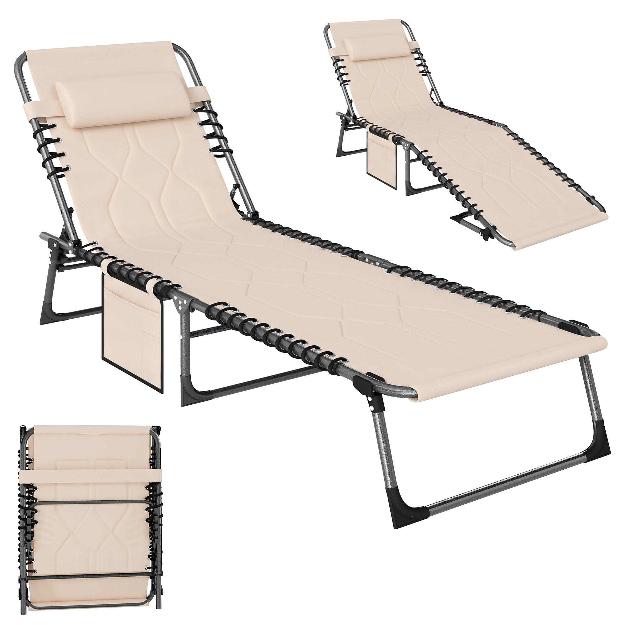 Outsunny Padded Folding Chaise Lounge Chair, Outdoor 6-Level Reclining Camping Tanning Chair with Headrest for Beach, Yard, Patio, Pool, Beige