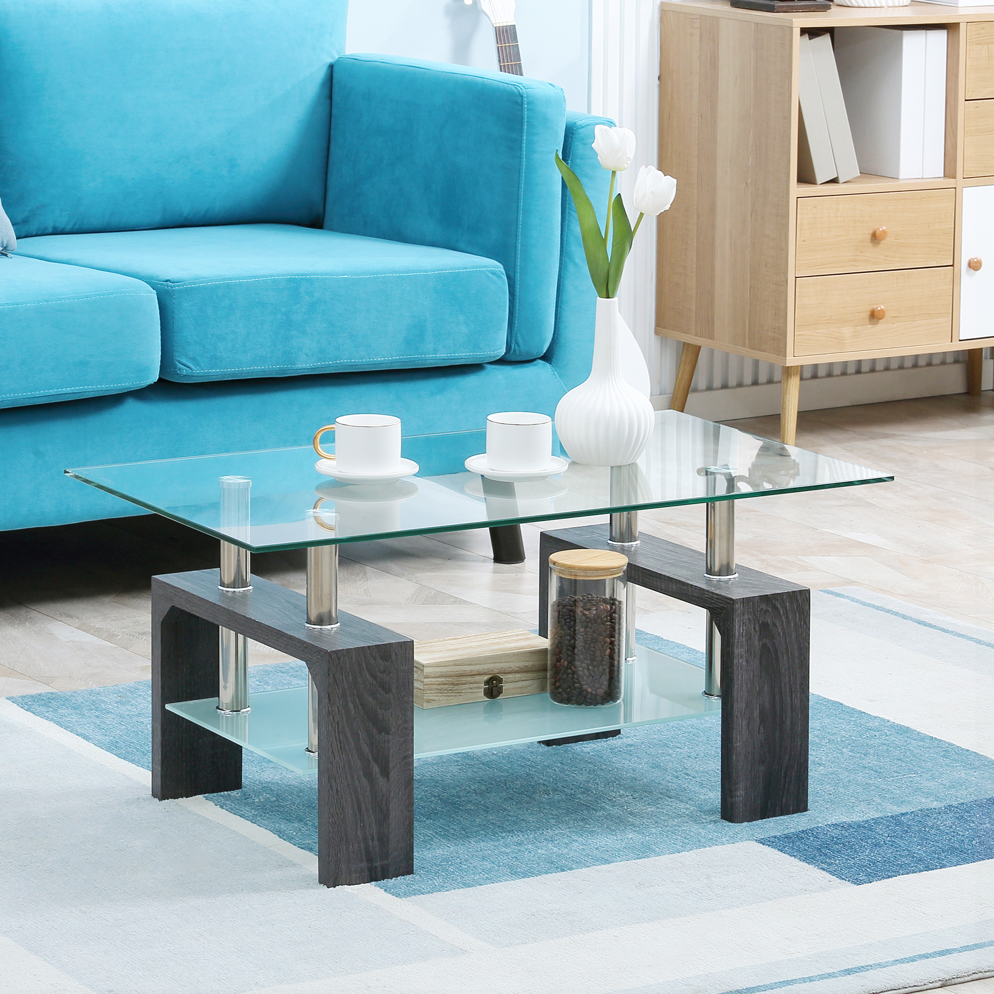 HOMCOM Modern Grey Centerpiece: Rectangle Coffee Table with Storage Shelf, 2-Tier Tempered Glass Top for Living Room Aosom Canada