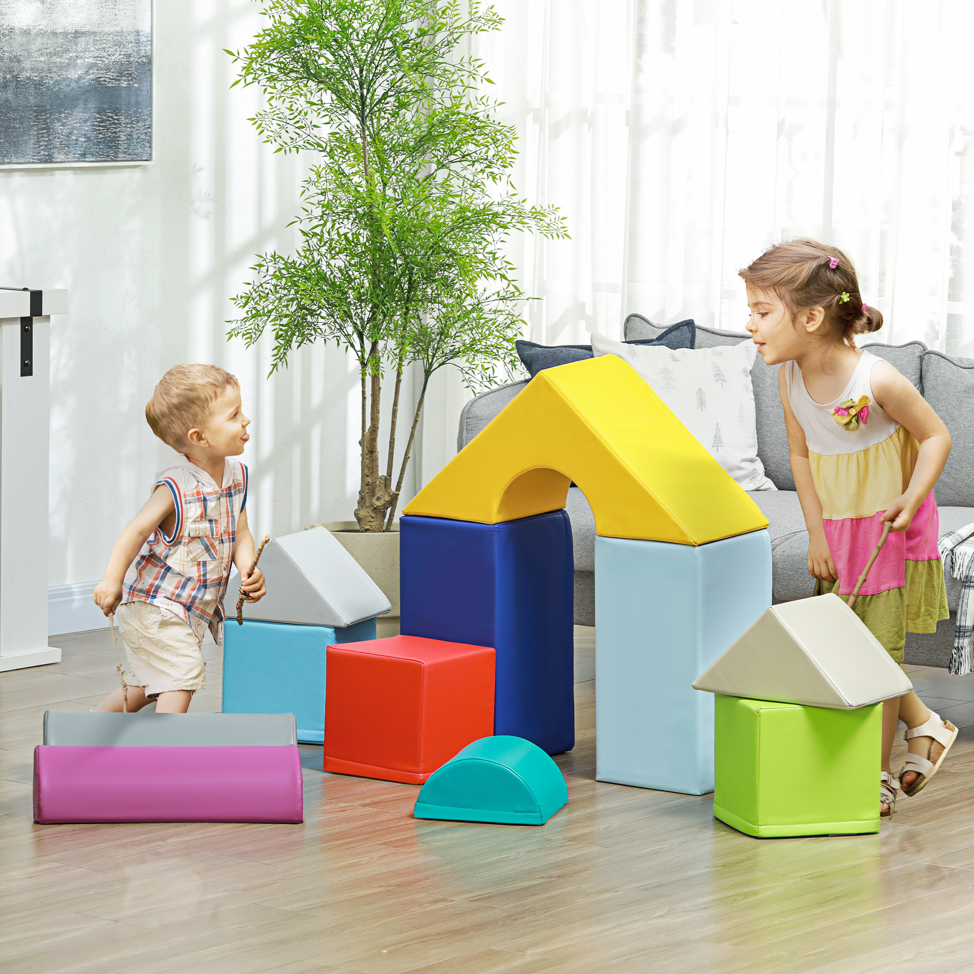 Soozier 11 Piece Soft Play Blocks Kids Climb and Crawl Gym Toy Foam Building Light Colour Aosom Canada