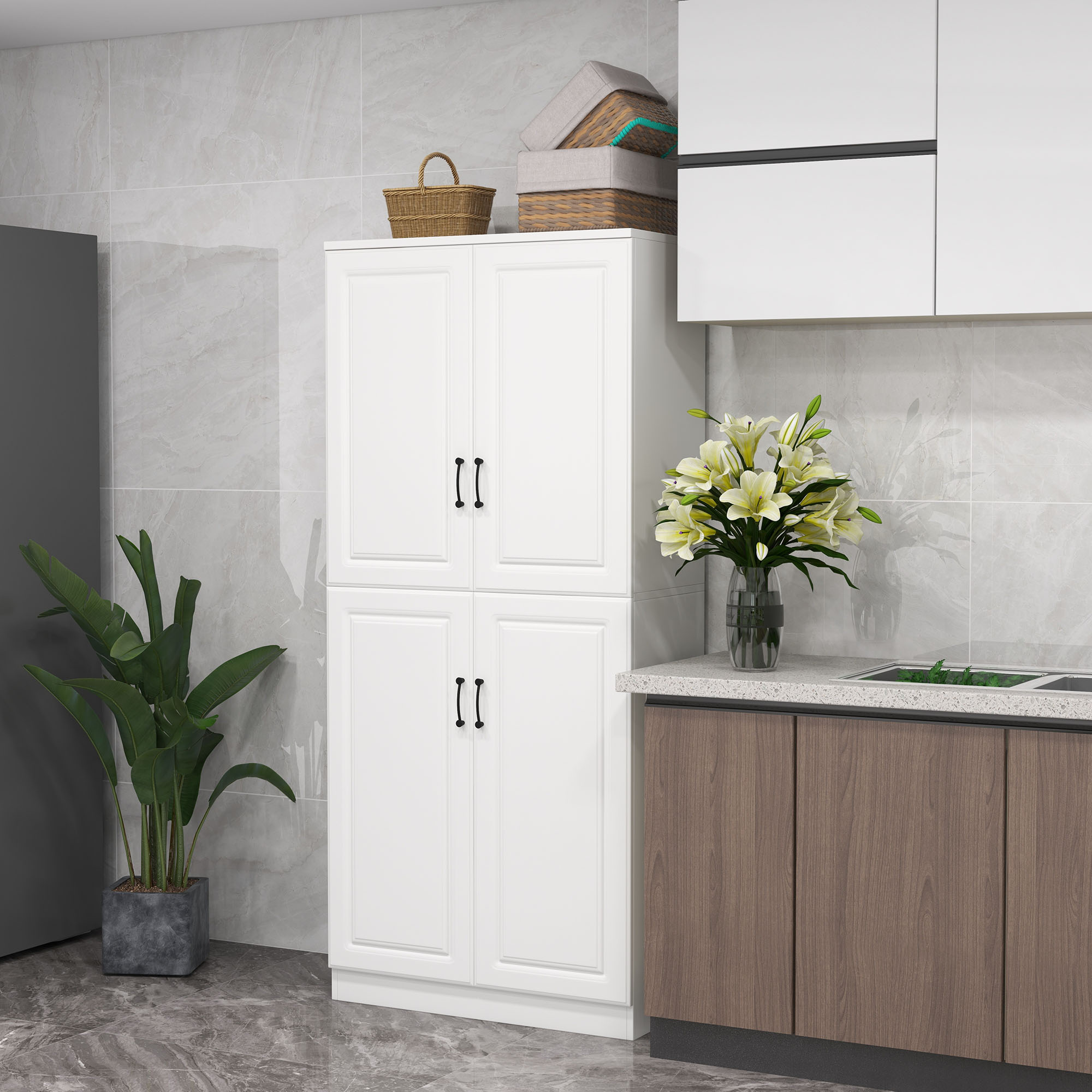 HOMCOM 71" Freestanding Kitchen Pantry Cabinet, Storage Cabinet with 4 Hinged Doors and Adjustable Shelves, White Aosom Canada