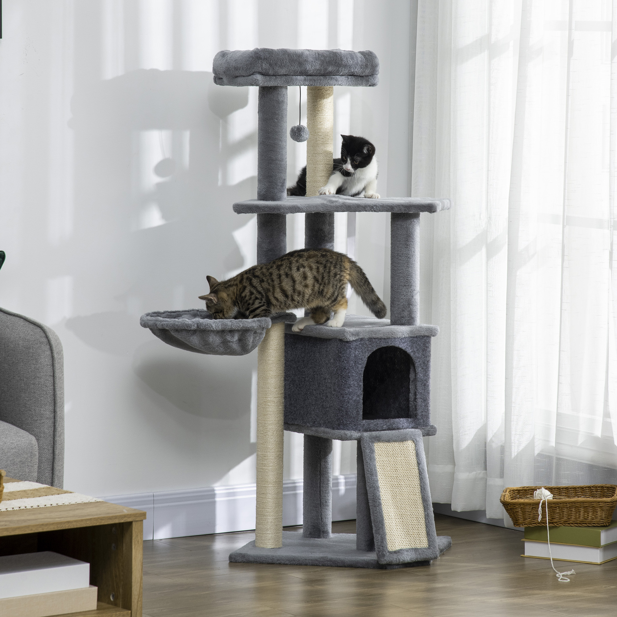 PawHut 50 Inch Cat Tree, Multi-Level Cat Tower with Sisal Scratching Posts and Ramp, Bed, Condo, Hammock, Toy Ball, Grey Aosom Canada