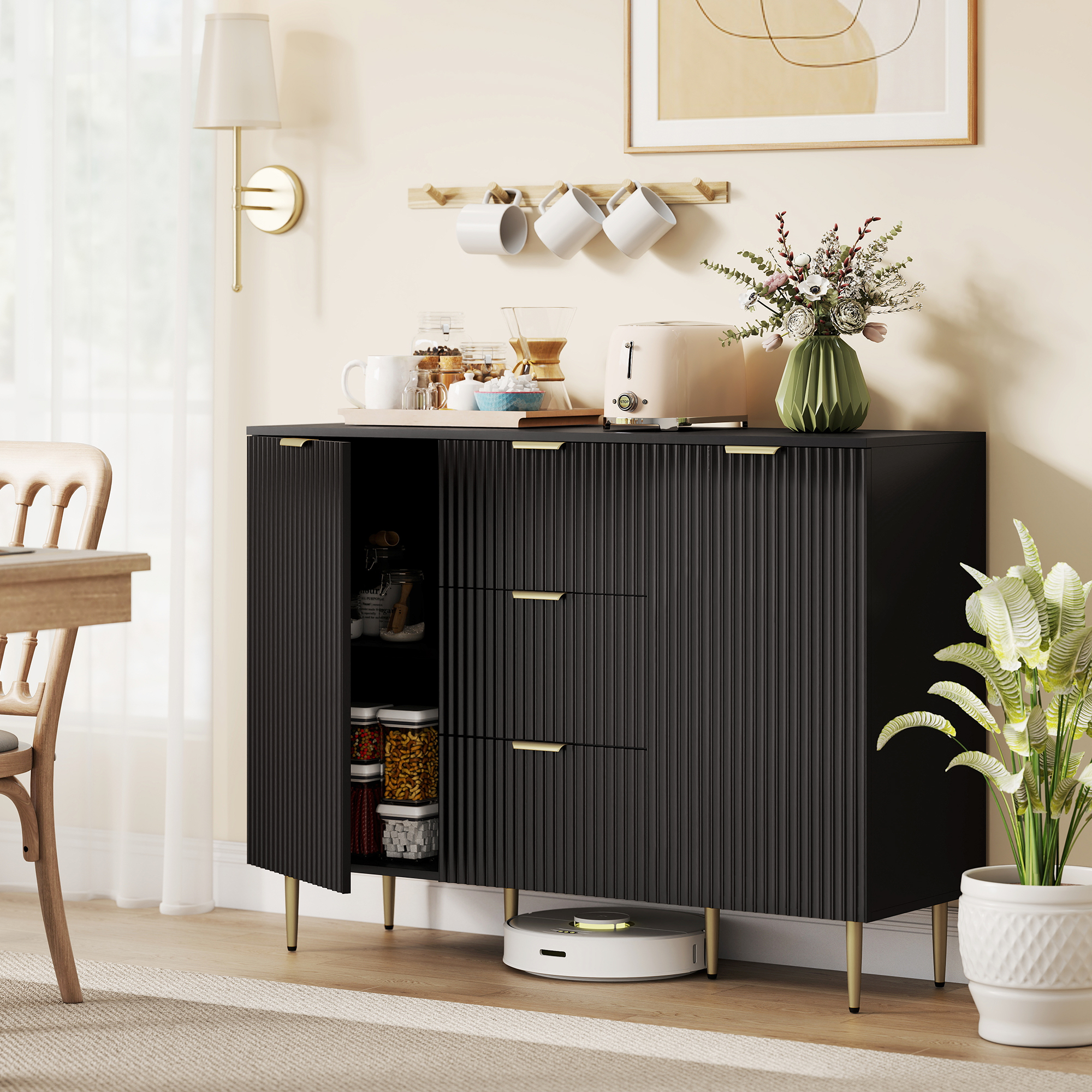 HOMCOM Modern Kitchen Storage Cabinet, Sideboard Buffet Cabinet w/ 3 Drawers and Adjustable Shelves for Kitchen Hallway, Black Aosom Canada