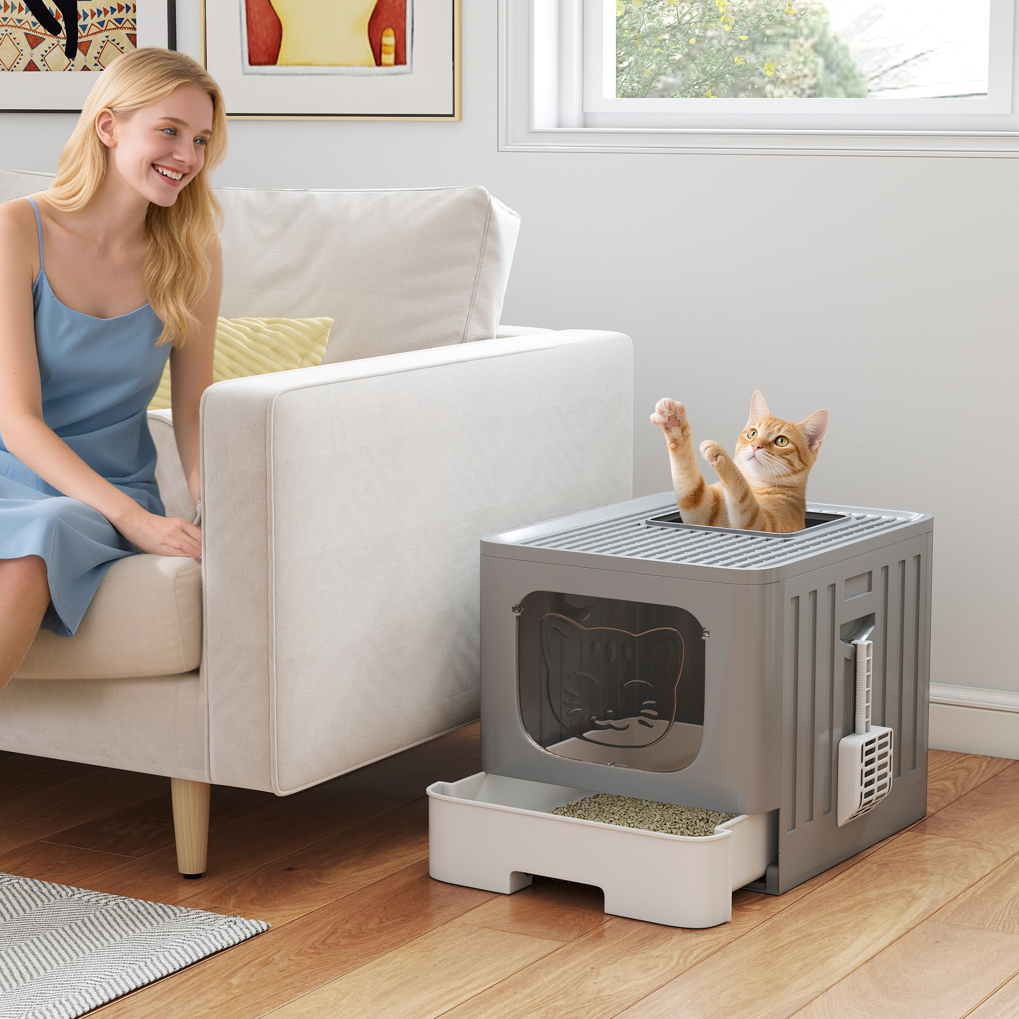 PawHut Foldable Cat Litter Box with Lid, Slide-Out Drawer, Scoop, Easy Clean, Odour Control, Anti-Splashing, Grey Aosom Canada
